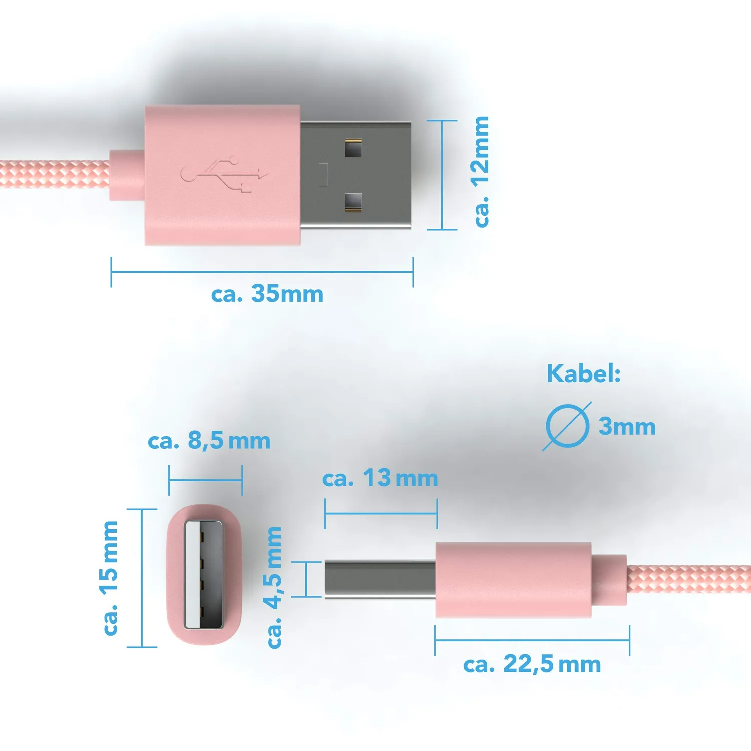 JAMEGA Micro USB Kabel 1m Nylon Rosegold 2,4A