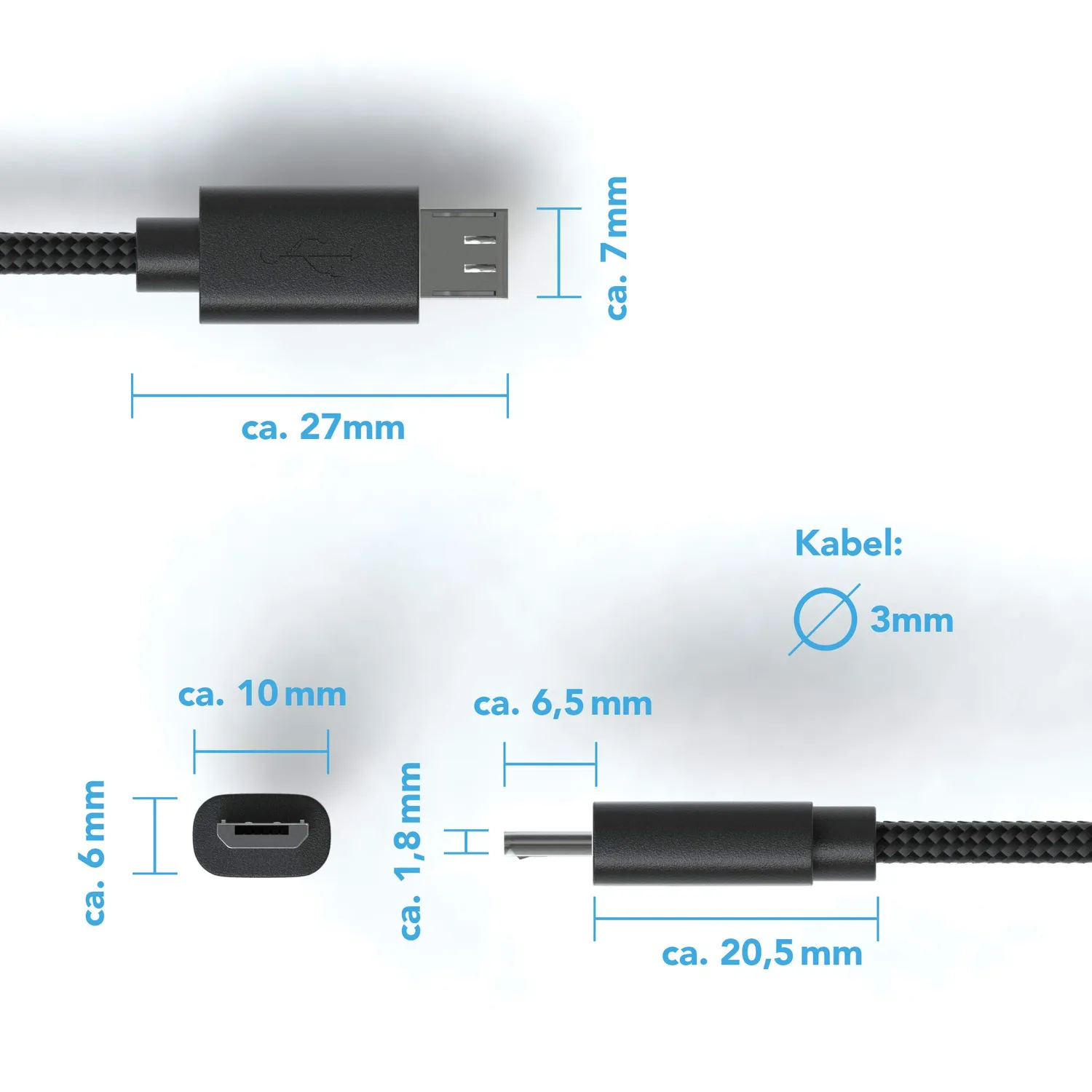 JAMEGA Micro USB Kabel 1m Nylon Ladekabel schwarz 2,4A