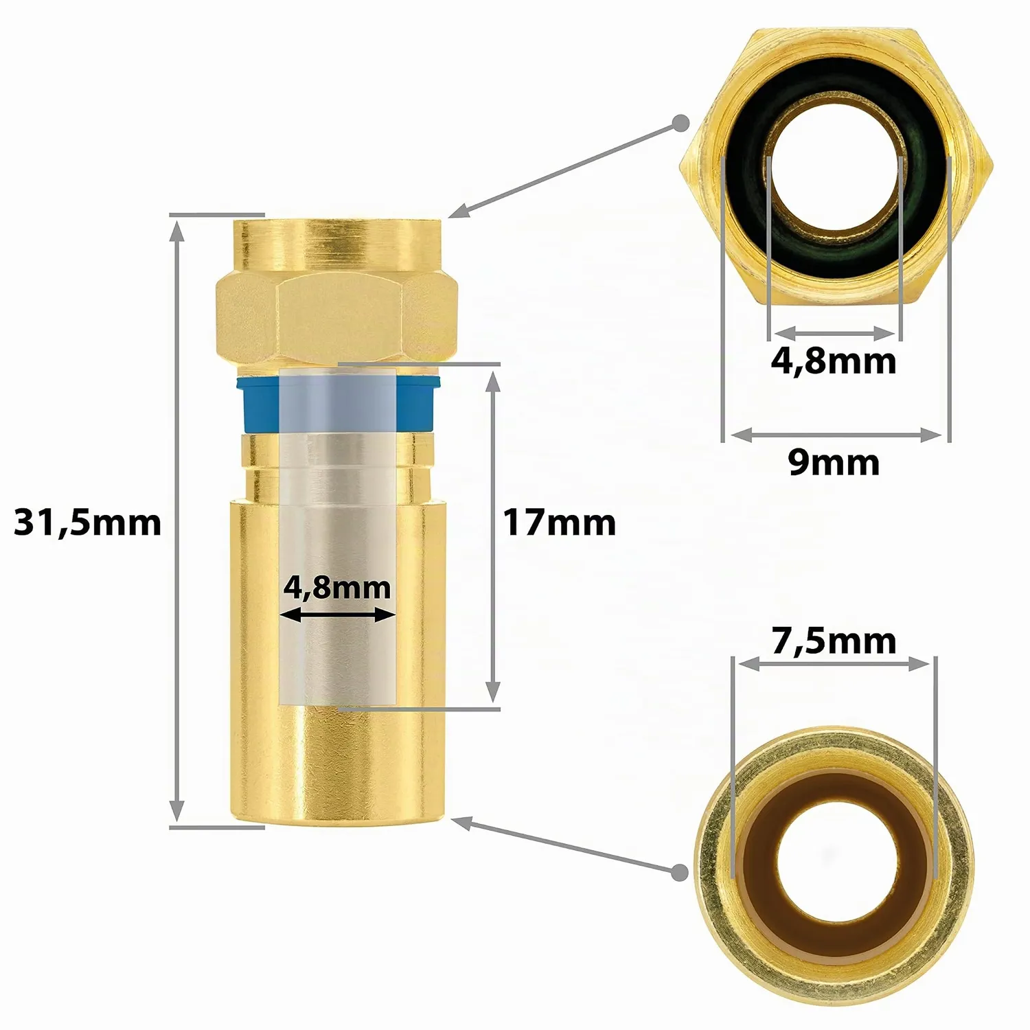 Poppstar F-Quick Stecker vergoldet 10x für Koax 7,5mm