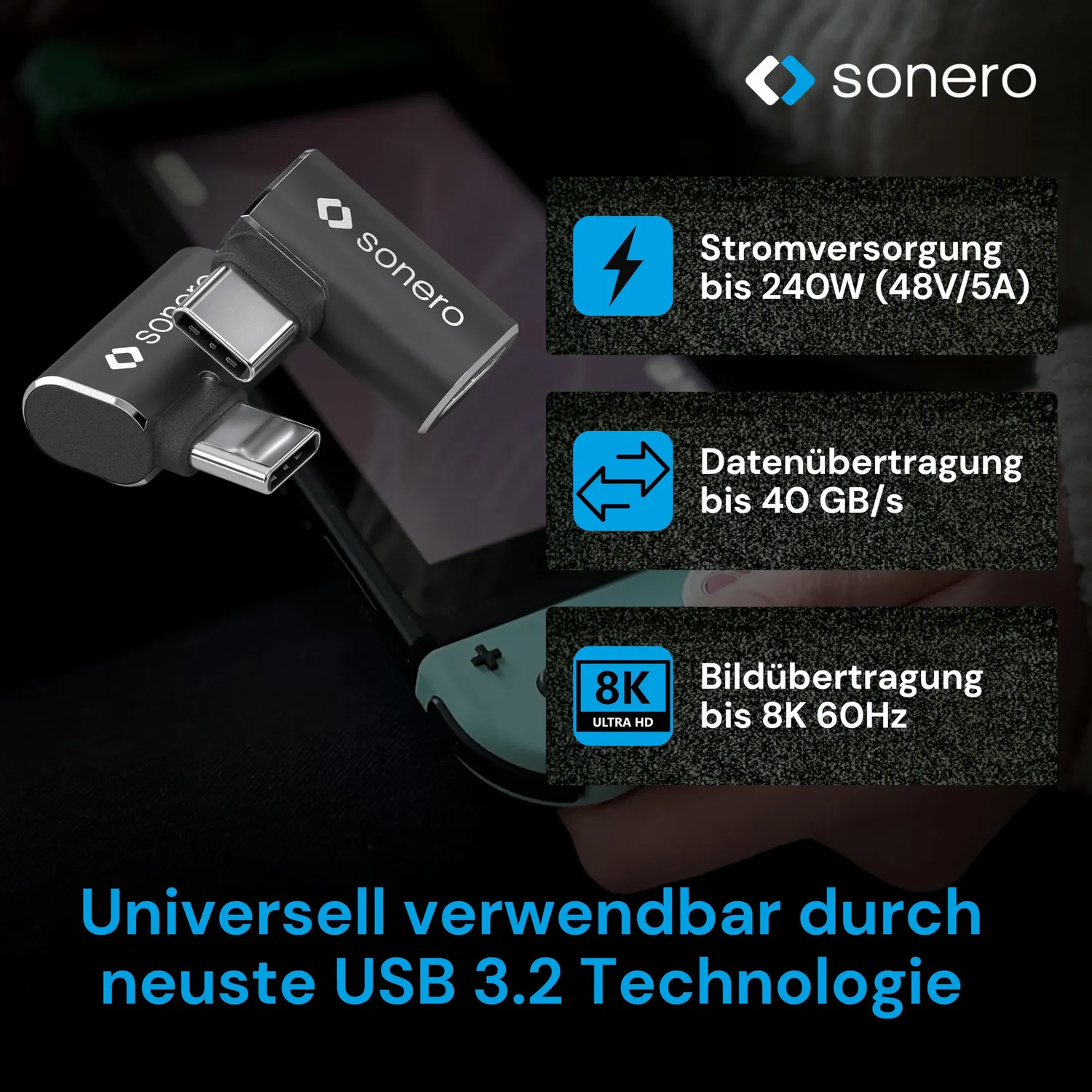 Sonero X-UA133 USB-C Winkeladapter 40Gbps 240W schwarz