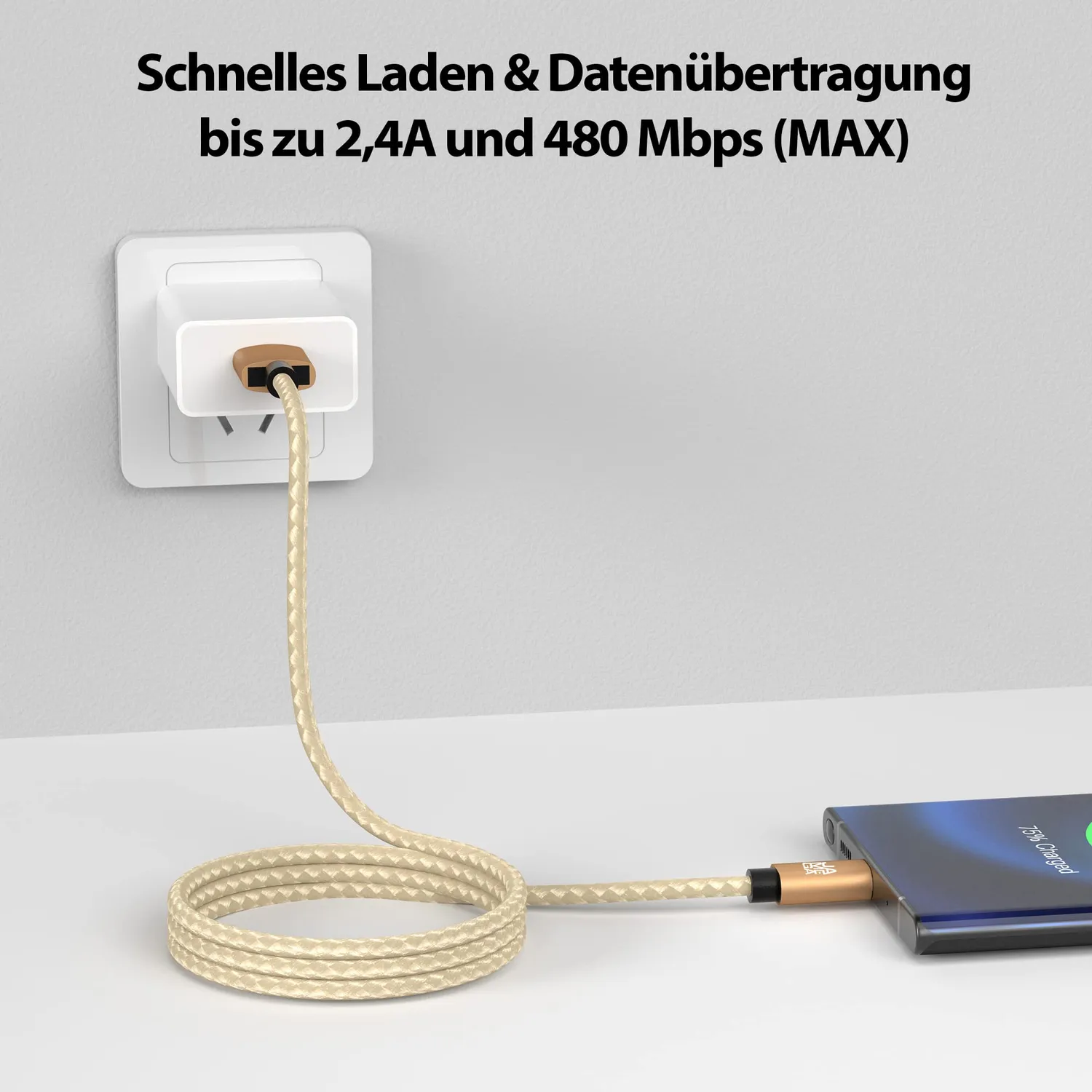 JAMEGA USB-C Ladekabel 0,5m Gold Nylon 3A Fast Charge