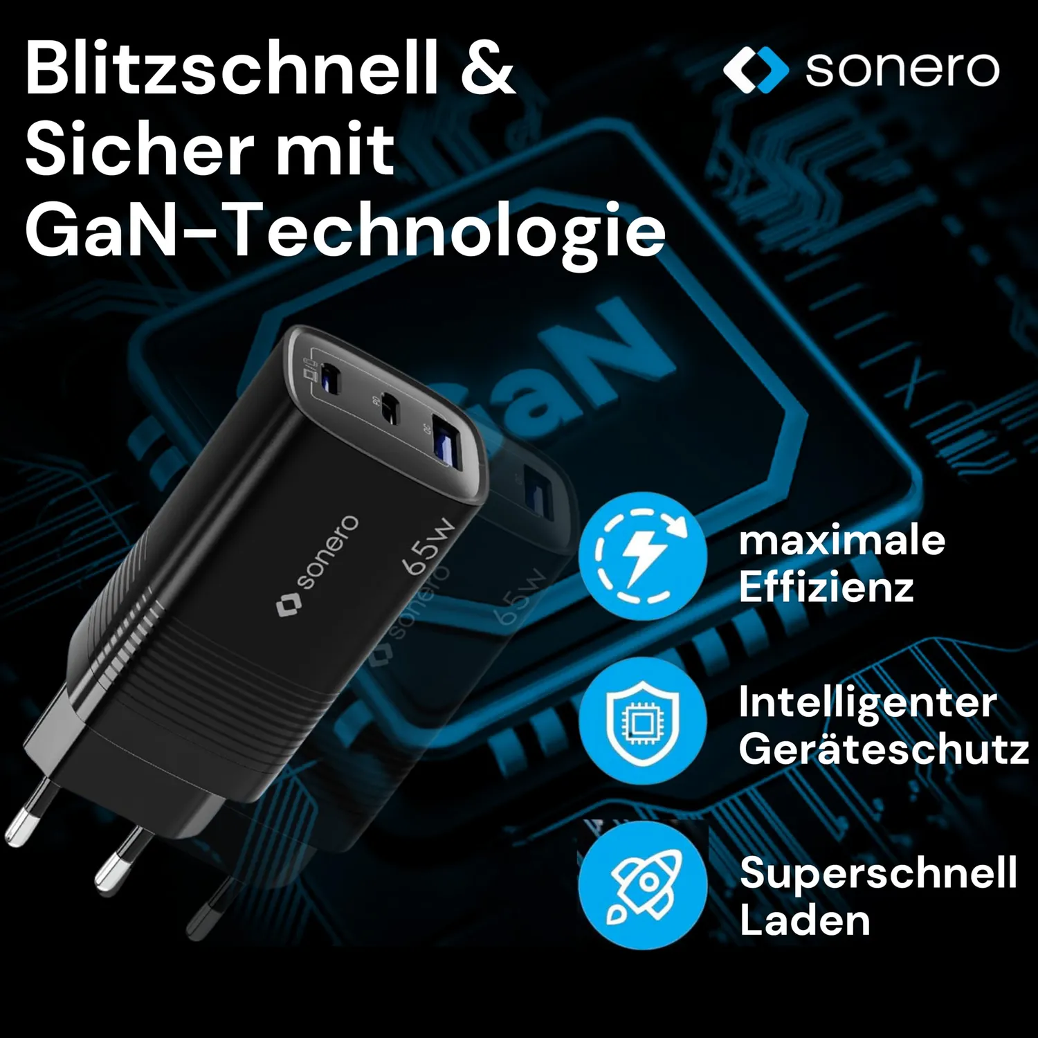 Sonero 65W GaN Ladegerät 3 Port USB-C PD QC schwarz