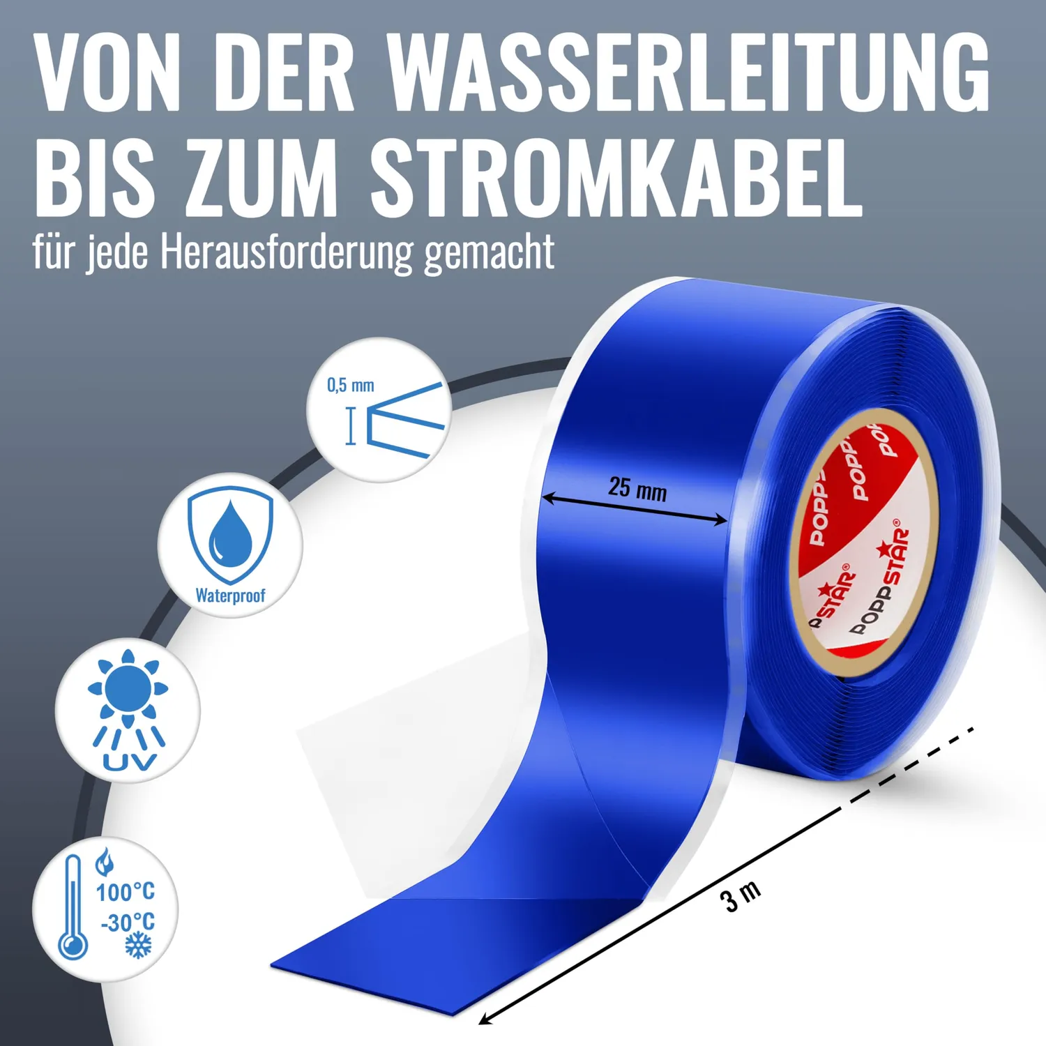 Poppstar Silikonband selbstverschweißend 3m blau Isolierband