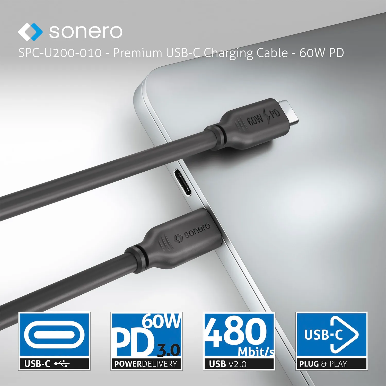 Sonero USB-C Ladekabel 3,0m schwarz 60W PD