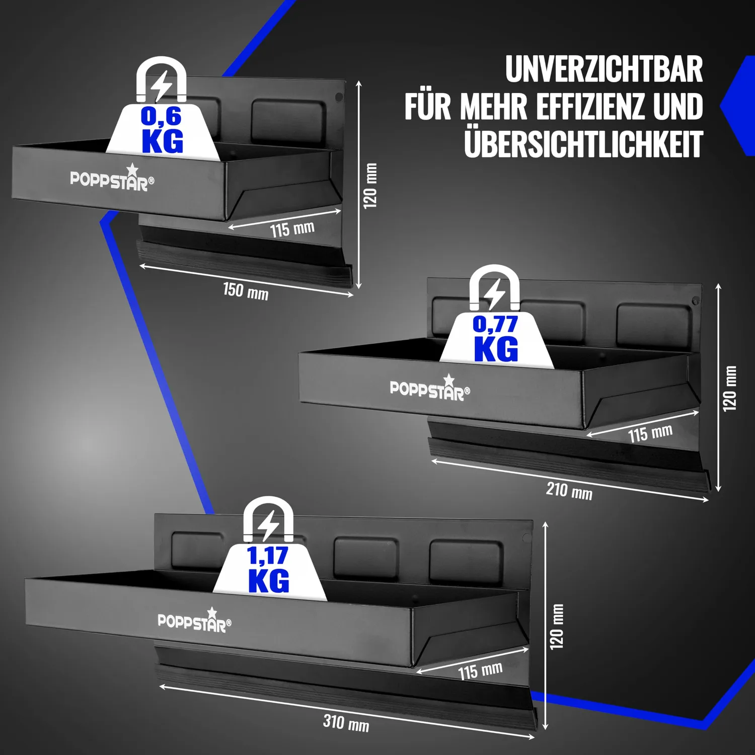 Poppstar Magnet Ablagen 3 Set schwarz Stahl