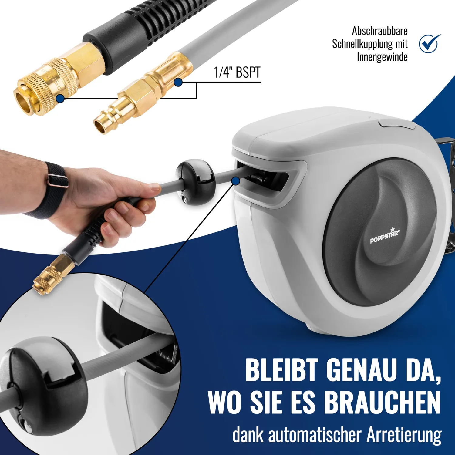 Poppstar Druckluftschlauchtrommel 15m Hybrid-PVC-Schlauch 17 bar