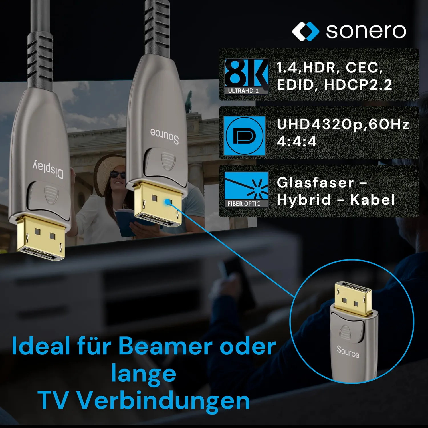 Sonero 8K DisplayPort 1.4 Glasfaser-Kabel 50 m anthrazit 8K@60Hz