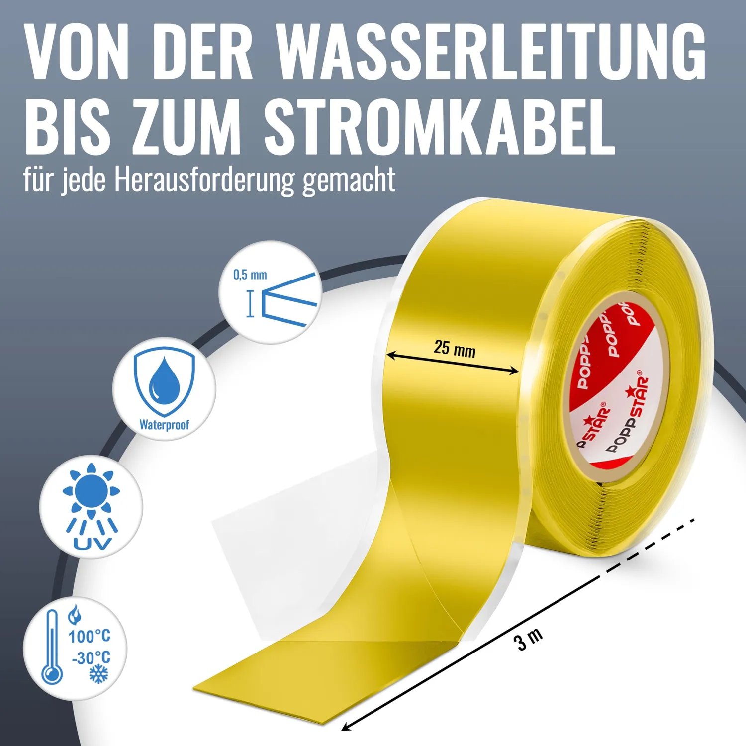 Poppstar Silikonband selbstverschweißend 3 m gelb wasserdicht