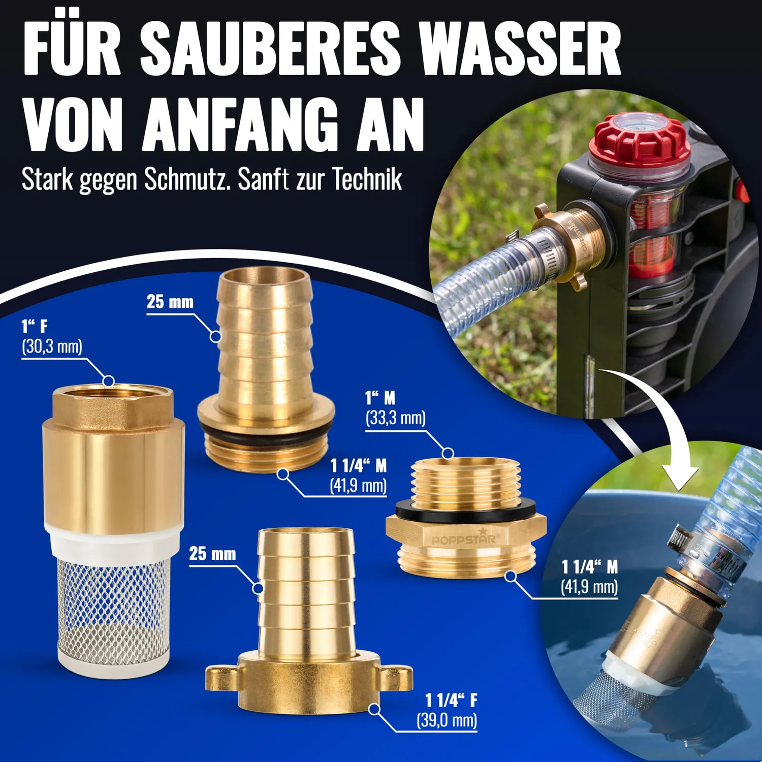 Poppstar Saugschlauch 1 Zoll 7m mit Saugkorb Ventil blau