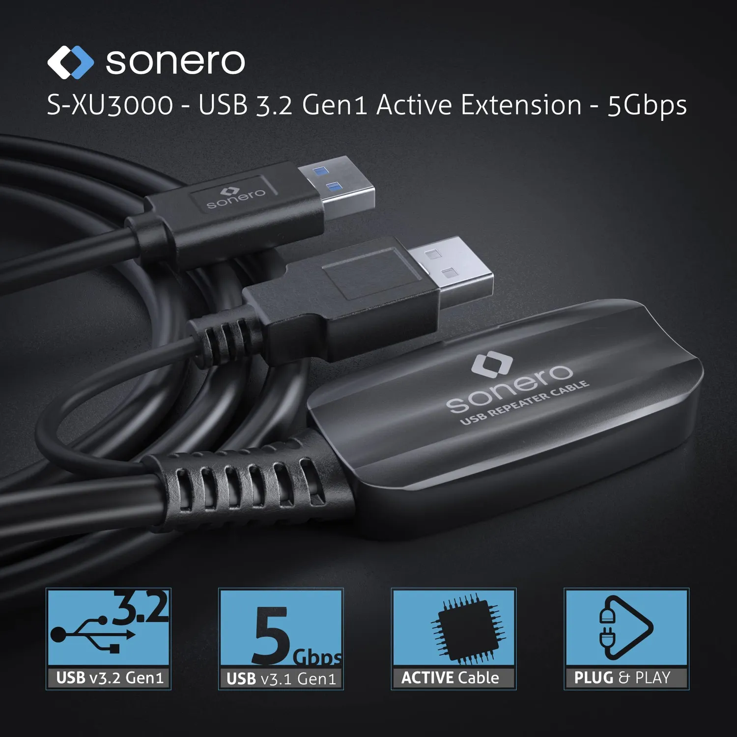 Sonero S-XU3000-100 USB-Verlängerung aktiv 10,0m schwarz 5Gb/s
