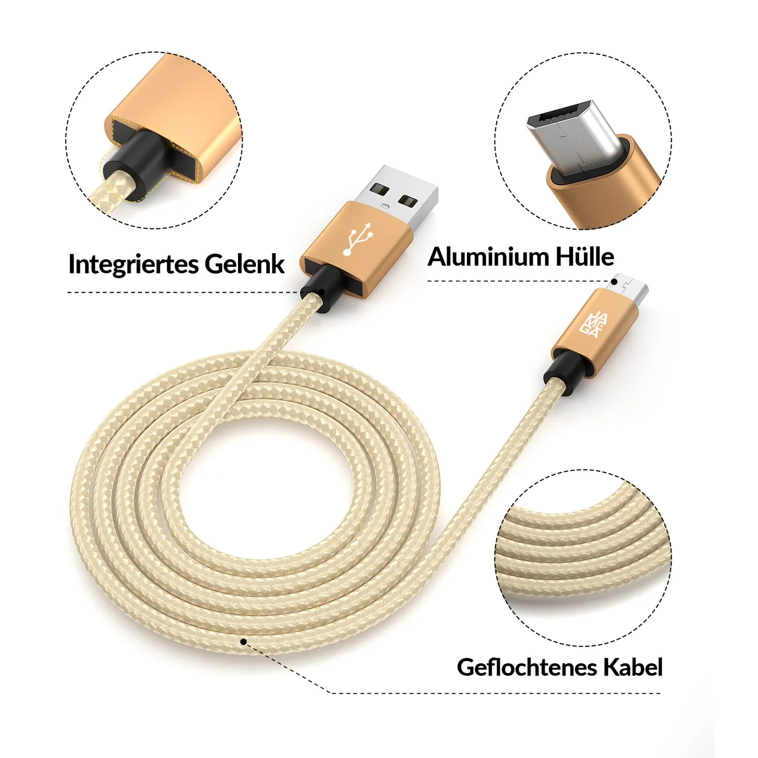 JAMEGA Micro USB Ladekabel 1m Gold Nylon 2,4A