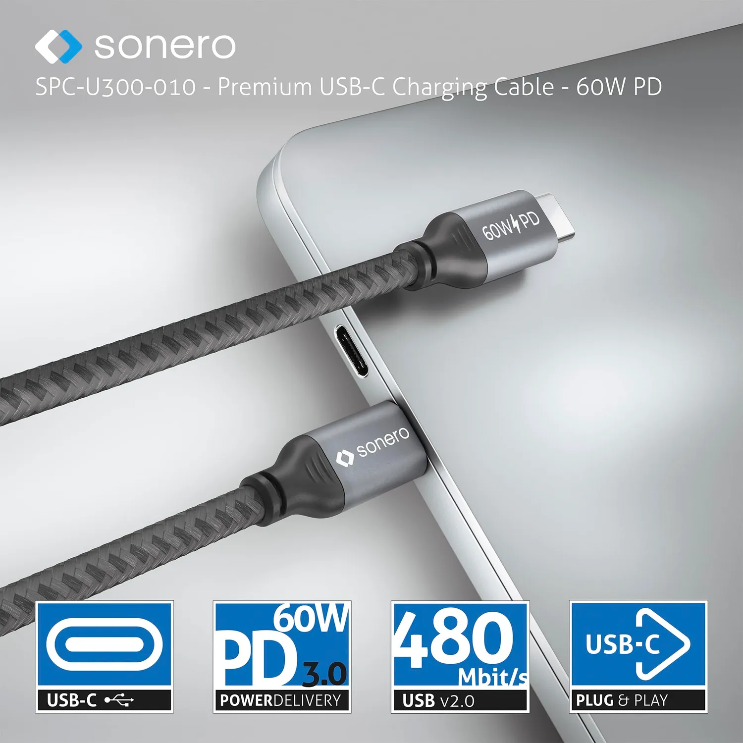 Sonero SPC-U300-005 USB-C Ladekabel 0,5m grau 60W