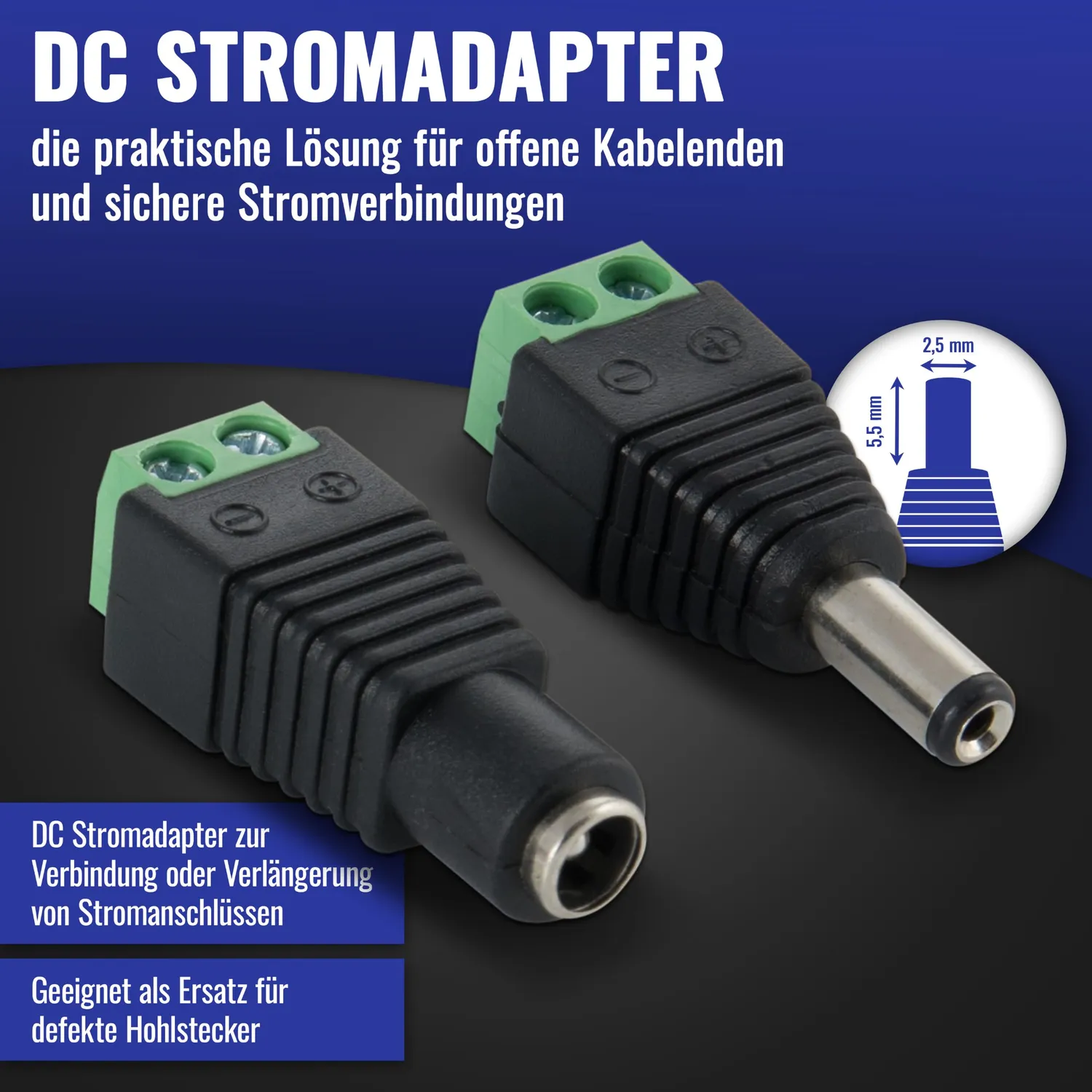 Poppstar DC Adapter 5,5x2,5mm Terminalblock 20er