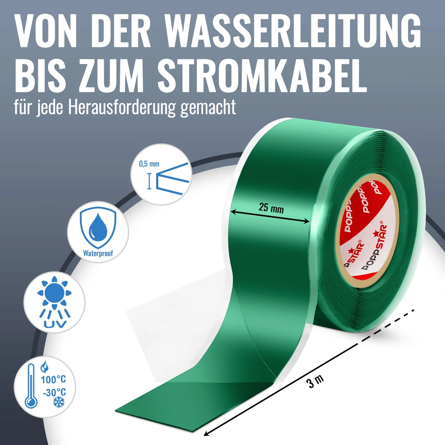 Poppstar Silikonband 3m x 25mm Grün 1 Rolle