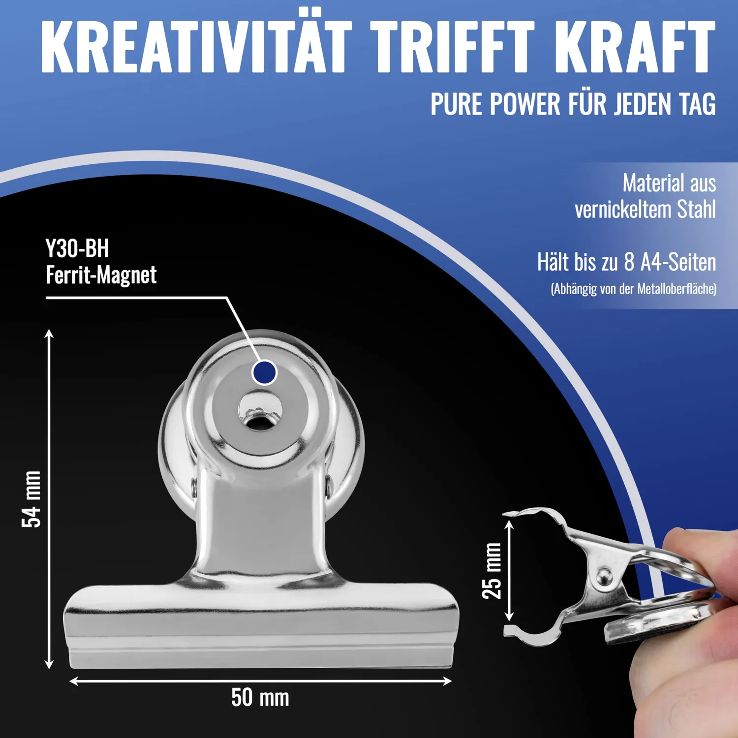 Poppstar Magnetische Klammer Magnetclips 12x 50mm silbern