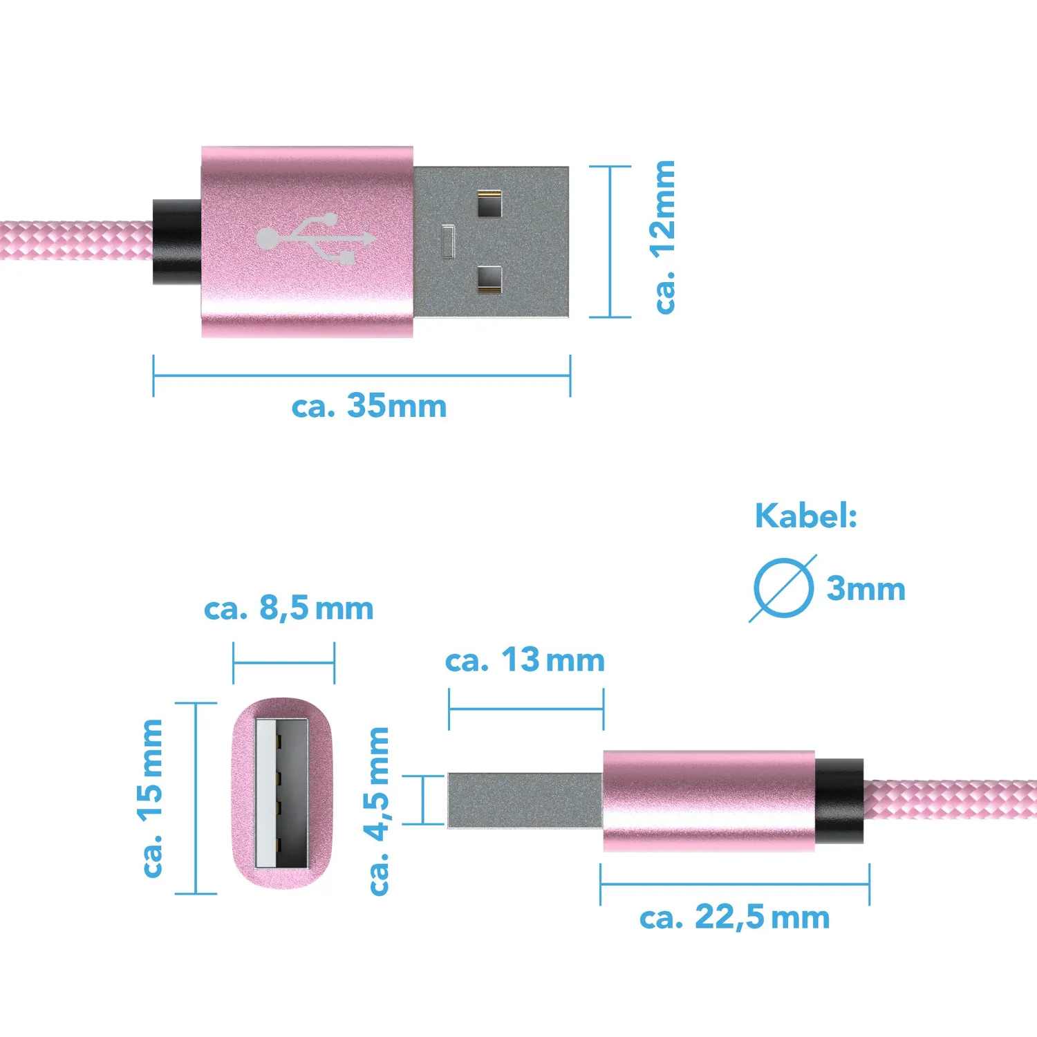 JAMEGA USB-C Kabel RoseGold 3m 2 Stück Nylon 3A
