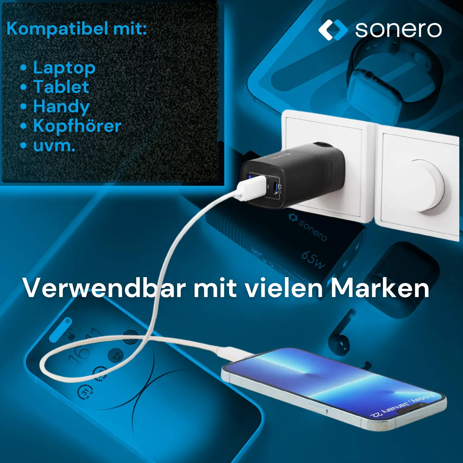 Sonero 65W GaN Ladegerät 3 Port USB-C PD QC schwarz