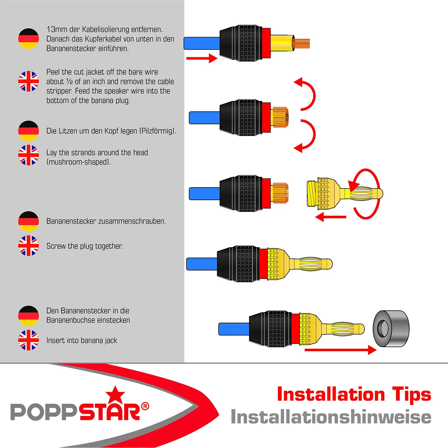 Poppstar Deadbolt High End Bananenstecker 12er Set 24k vergoldet