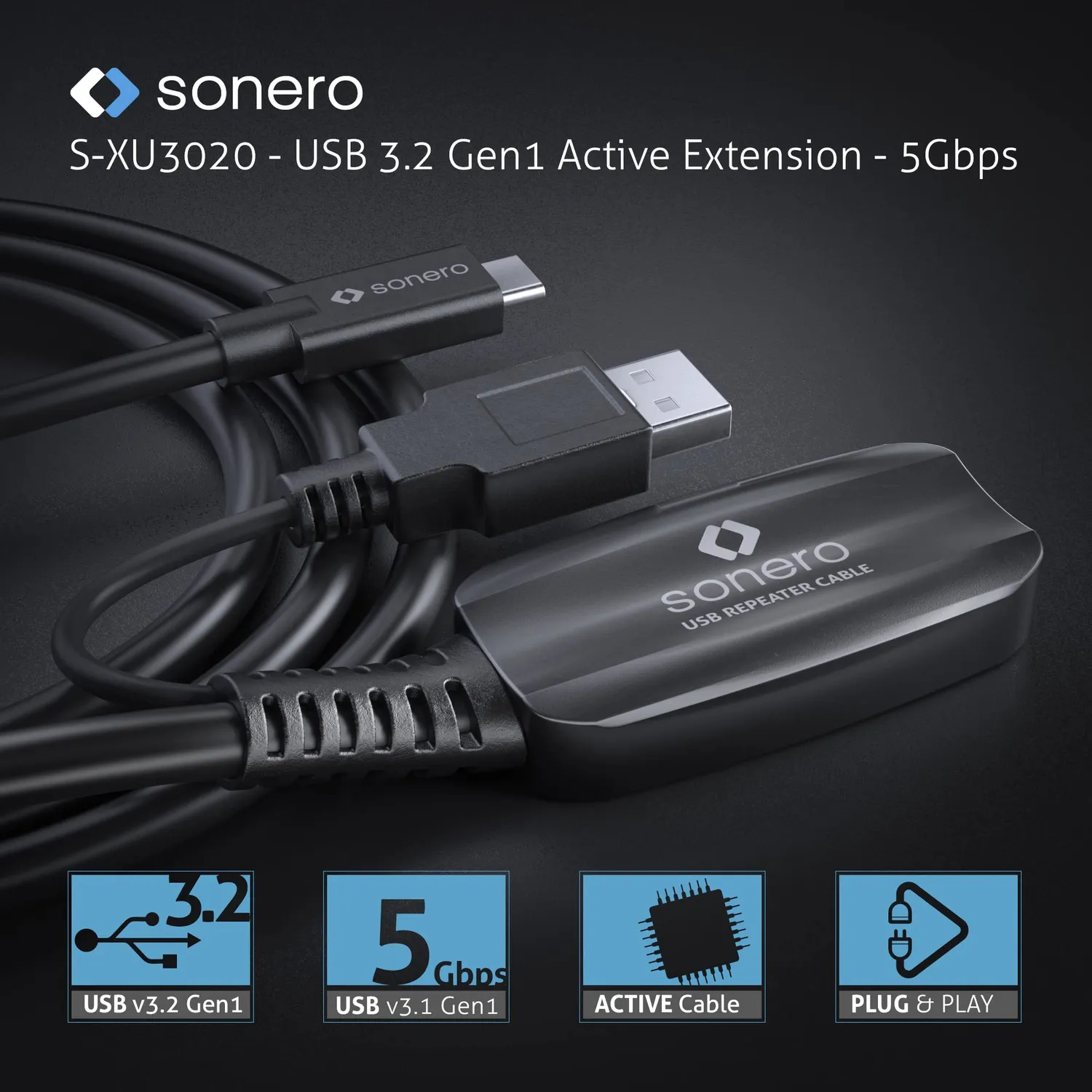 Sonero S-XU3020-100 USB-Verlängerung 10 m aktiv schwarz