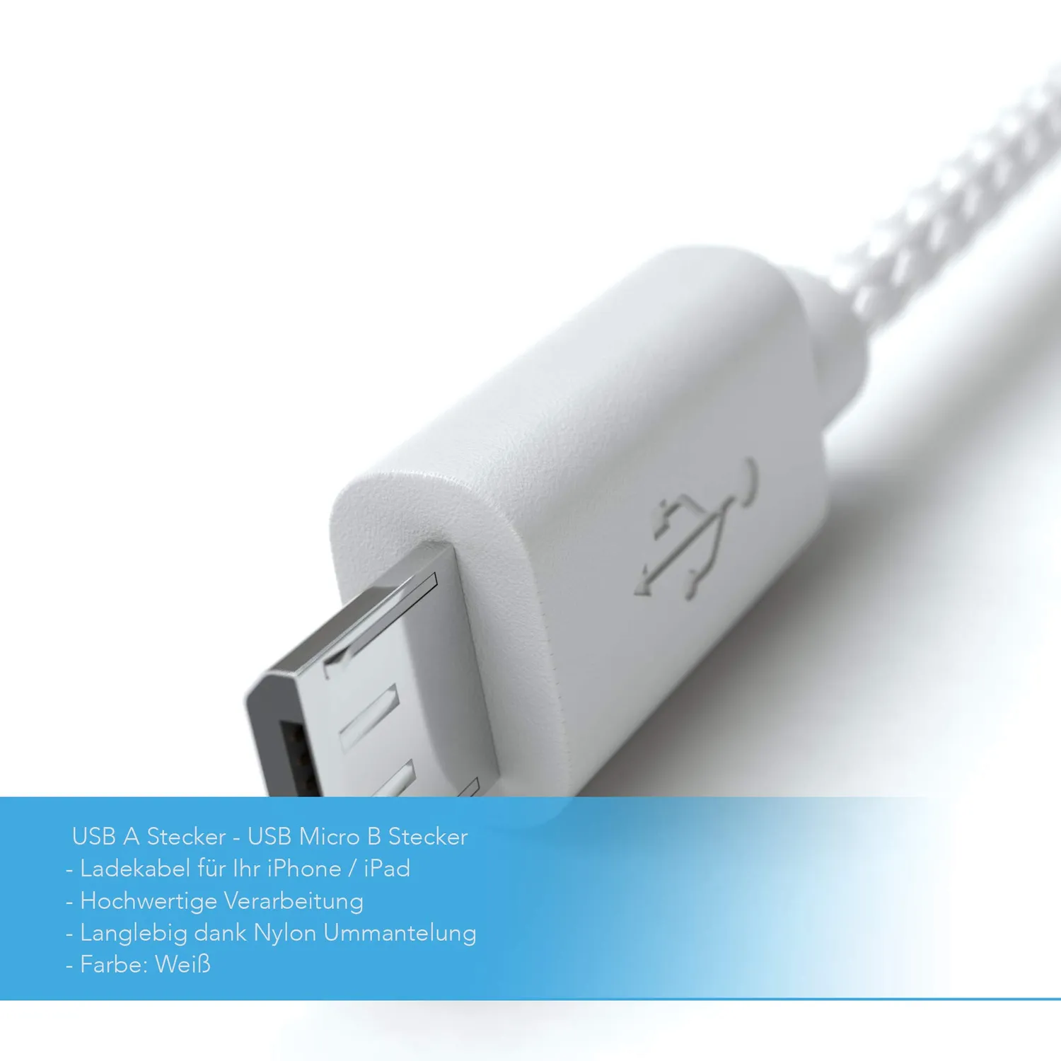 JAMEGA Micro USB Kabel 1m Nylon Ladekabel weiß 2,4A