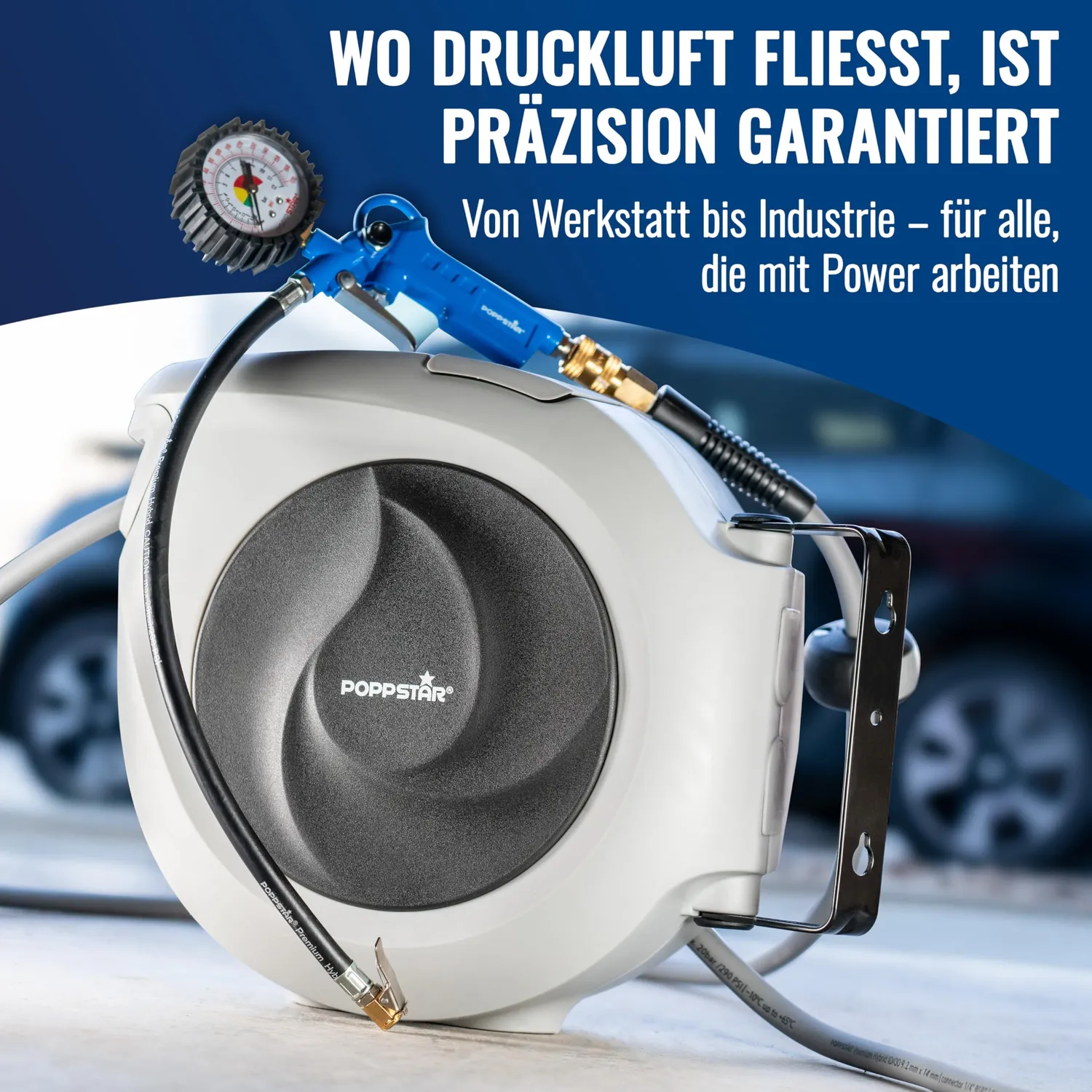 Poppstar Druckluftschlauchtrommel 15m Hybrid-PVC-Schlauch 17 bar