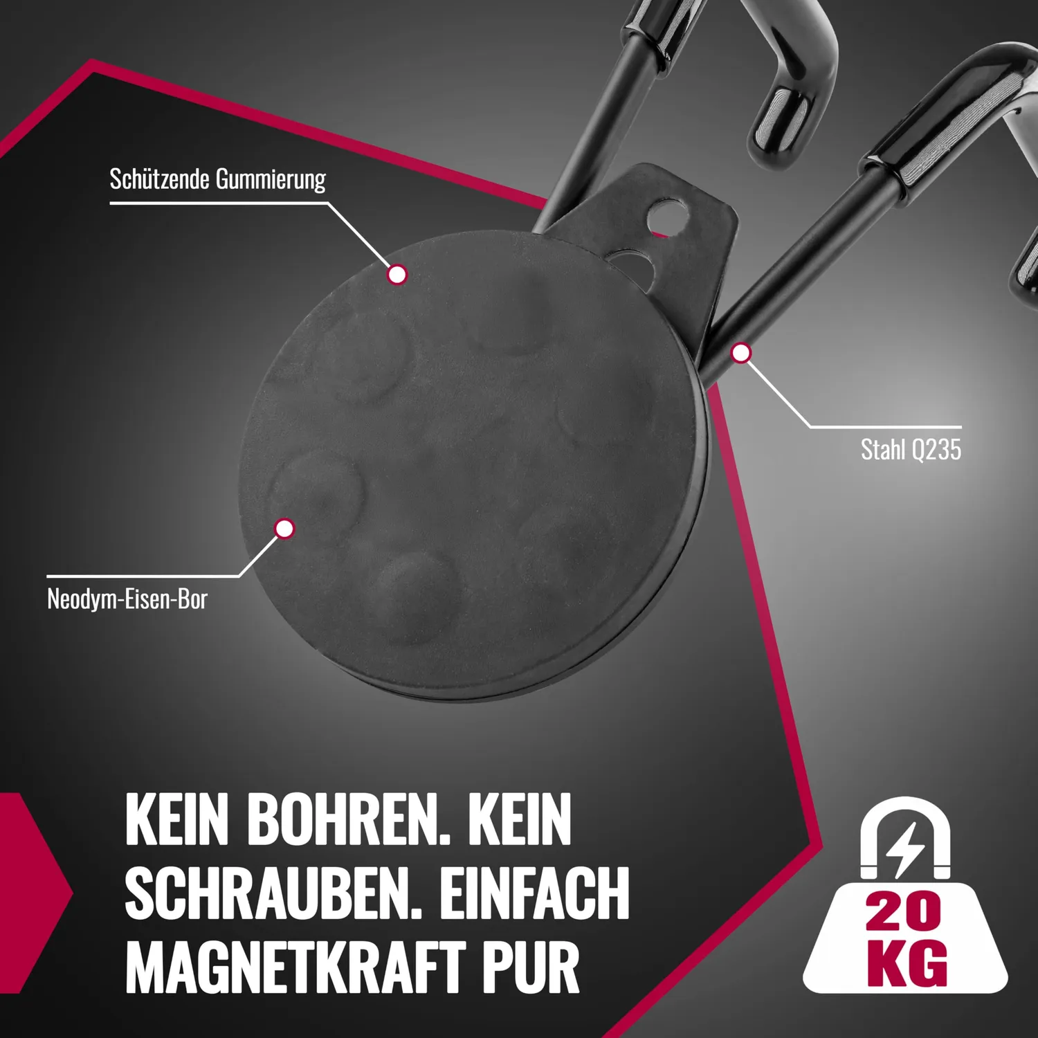 Poppstar Garagenhaken magnetisch Set 2 schwarz 20kg
