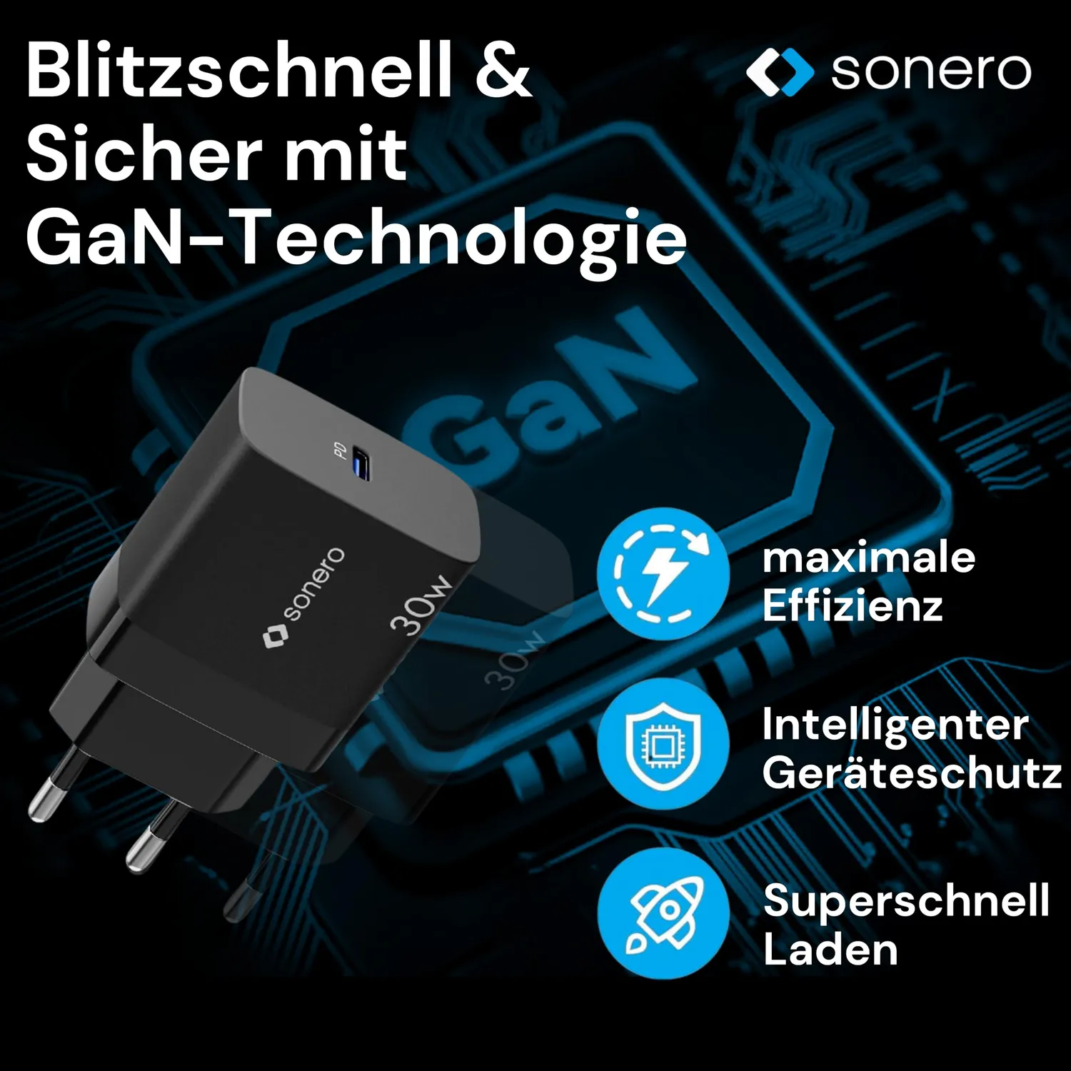 Sonero USB-C Ladegerät 30 Watt GaN schwarz PD