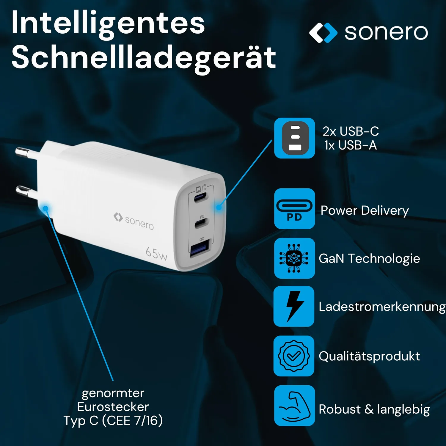 Sonero GaN USB-C Ladegerät 65 Watt 3-Port weiß