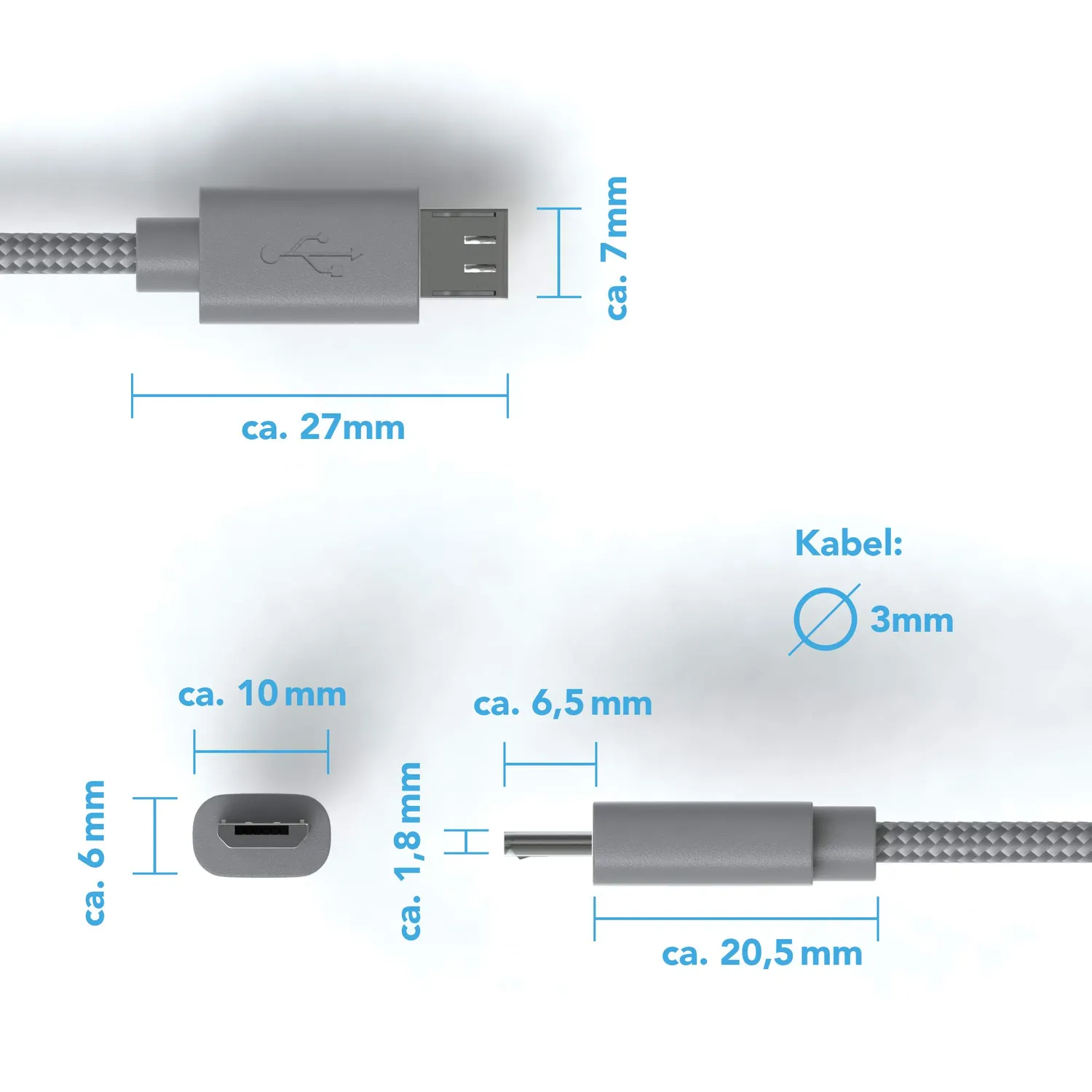 JAMEGA Micro USB Kabel 1m Nylon Space Grau 2,4A