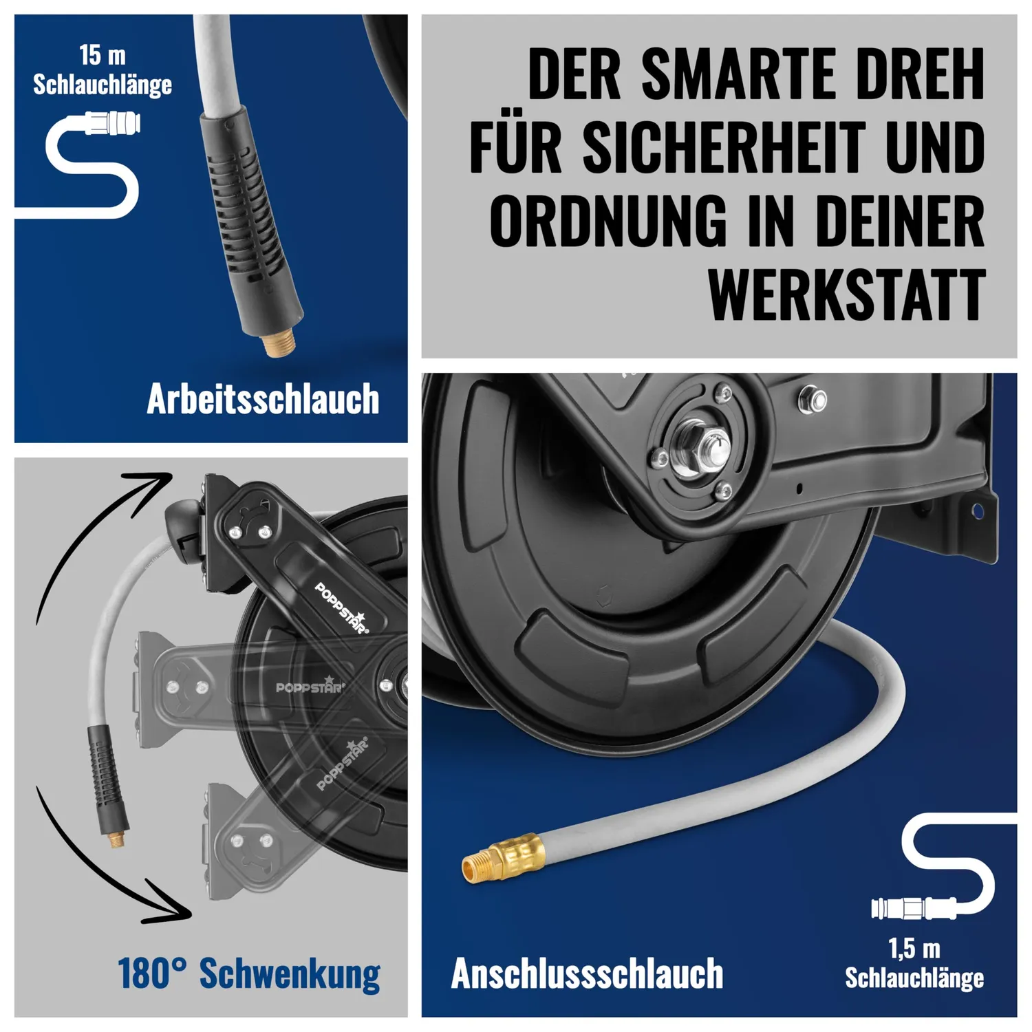 Poppstar Druckluftschlauchtrommel Stahl 15m+1,5m 1/4 Zoll