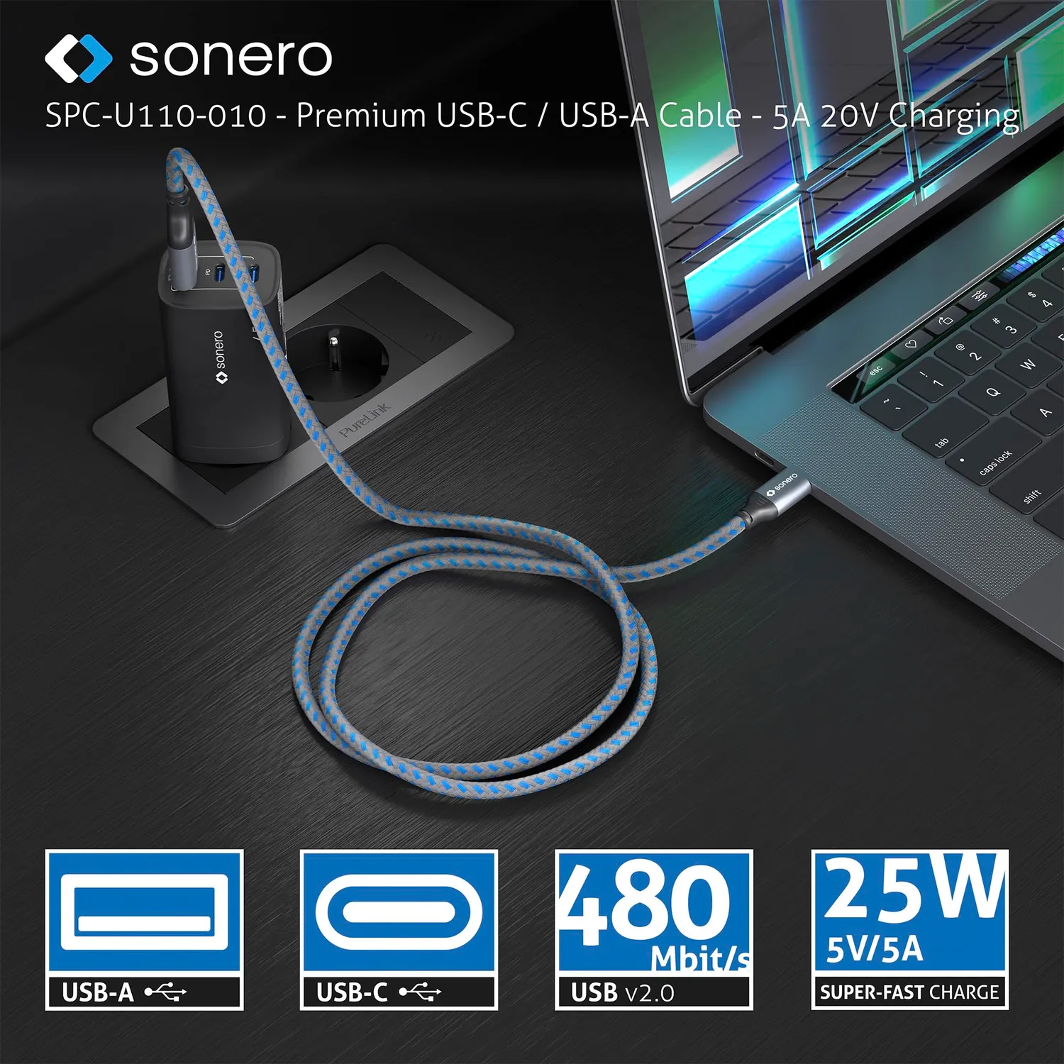 Sonero SPC-U110-015 USB Ladekabel 1,5m grau/blau 5A