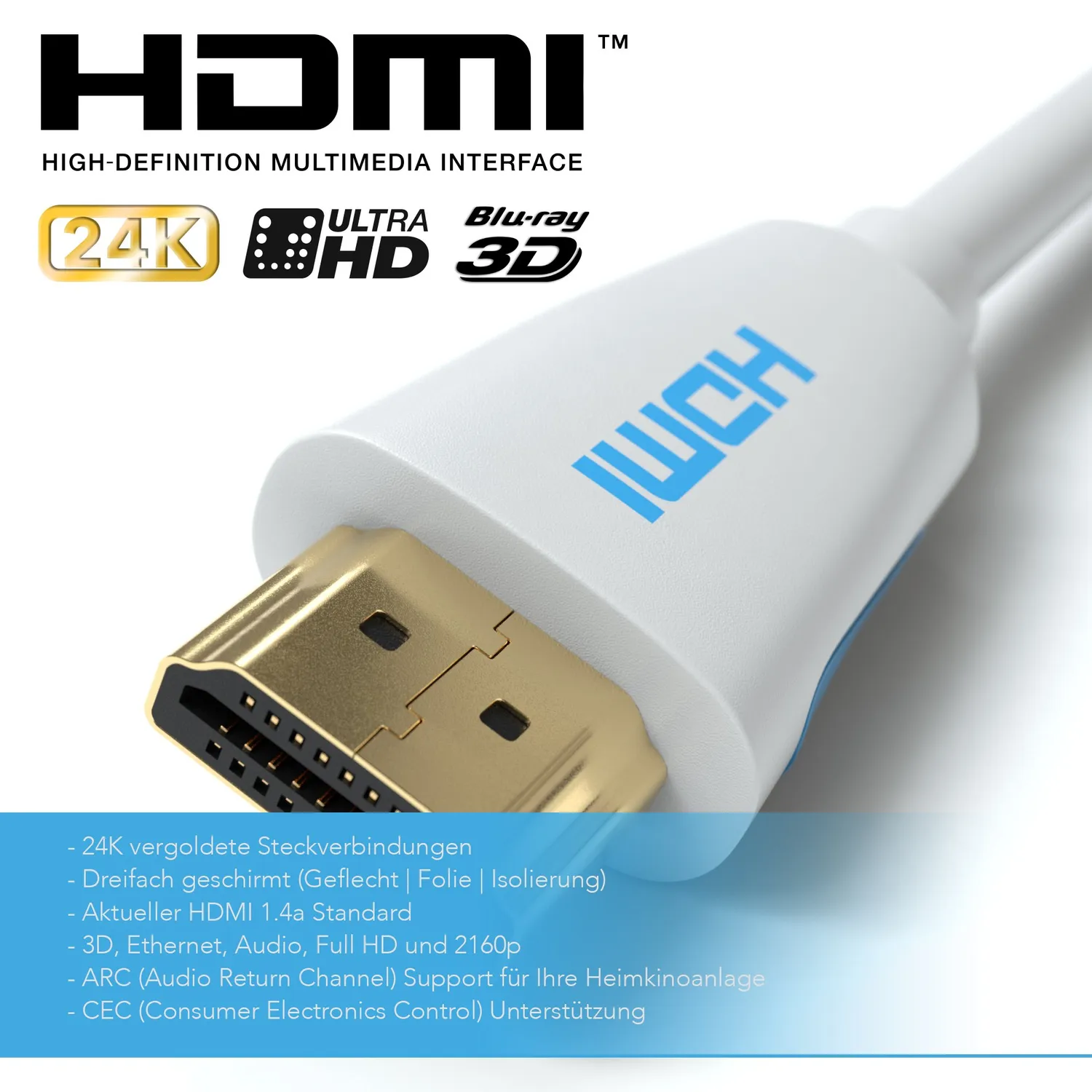Jamega HDMI-Kabel 2.0 3 m weiß 4K 60 Hz 18 Gbit/s