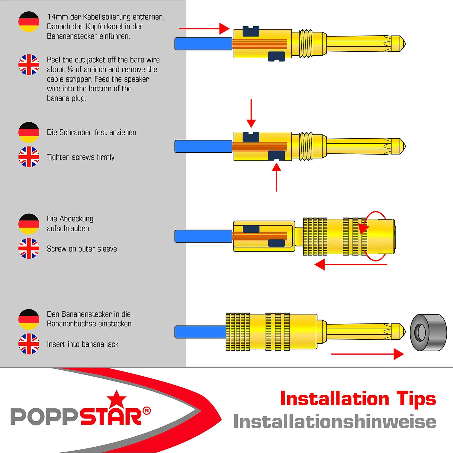 Poppstar High End Bananenstecker Lautsprecherstecker 4 Stück vergoldet