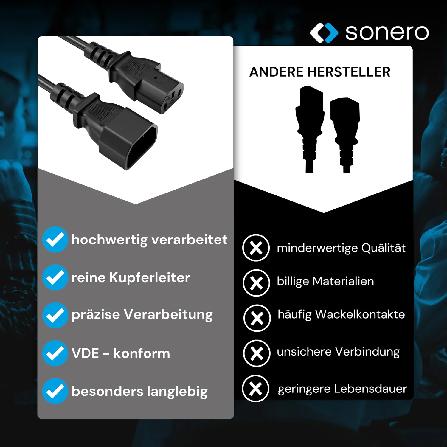 Sonero X-C13P-C13F-010B Kaltgerätekabel 1m schwarz C13 C14