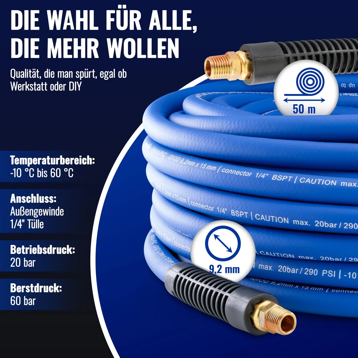 Poppstar Hybrid Druckluftschlauch 50m blau 20bar