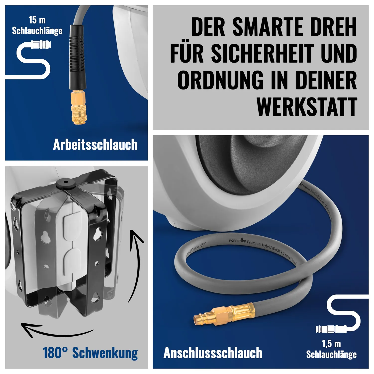 Poppstar Druckluftschlauchtrommel 15m Hybrid-PVC-Schlauch 17 bar