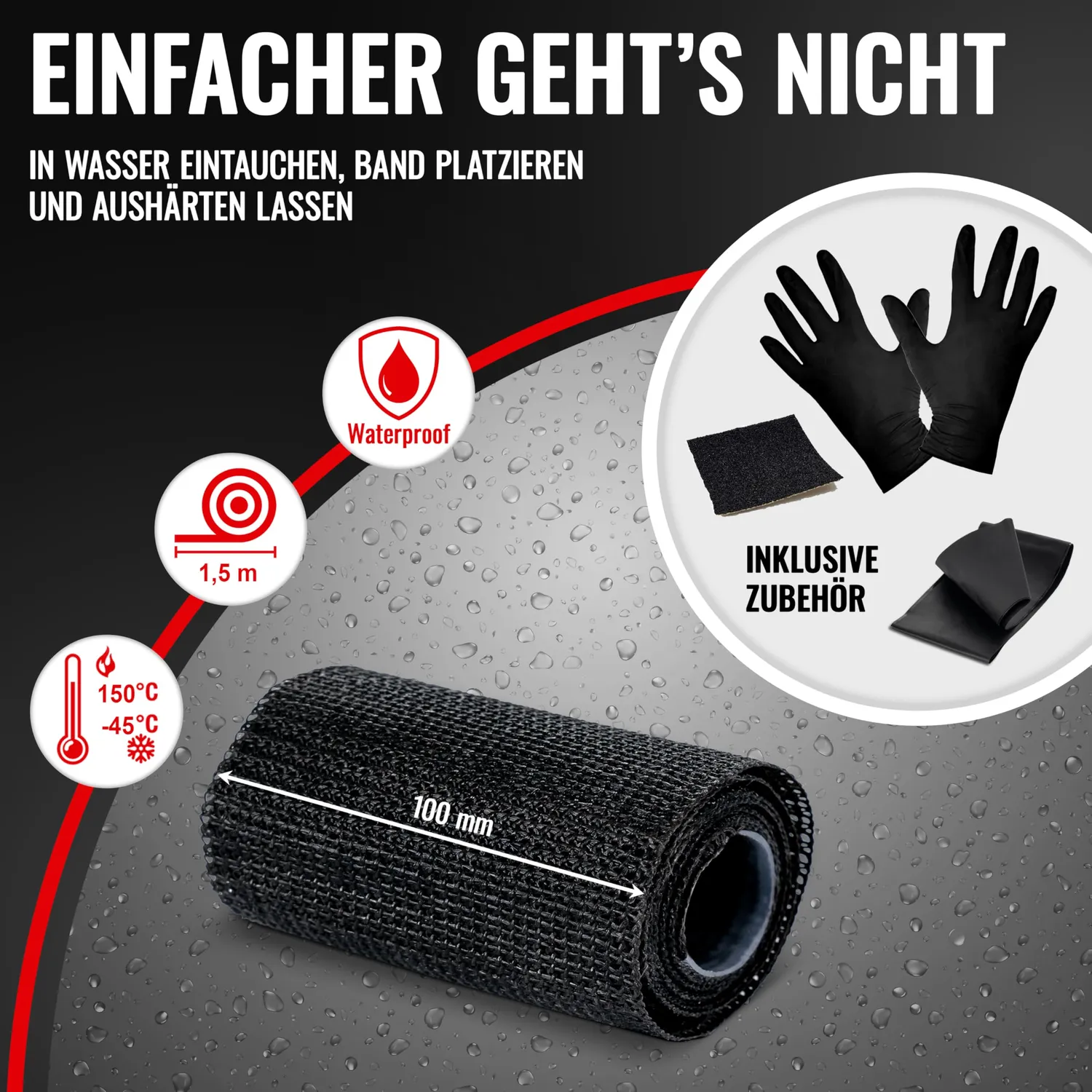 Poppstar Reparaturband Glasfaser 10cm x 1,5m 1 Rolle schwarz
