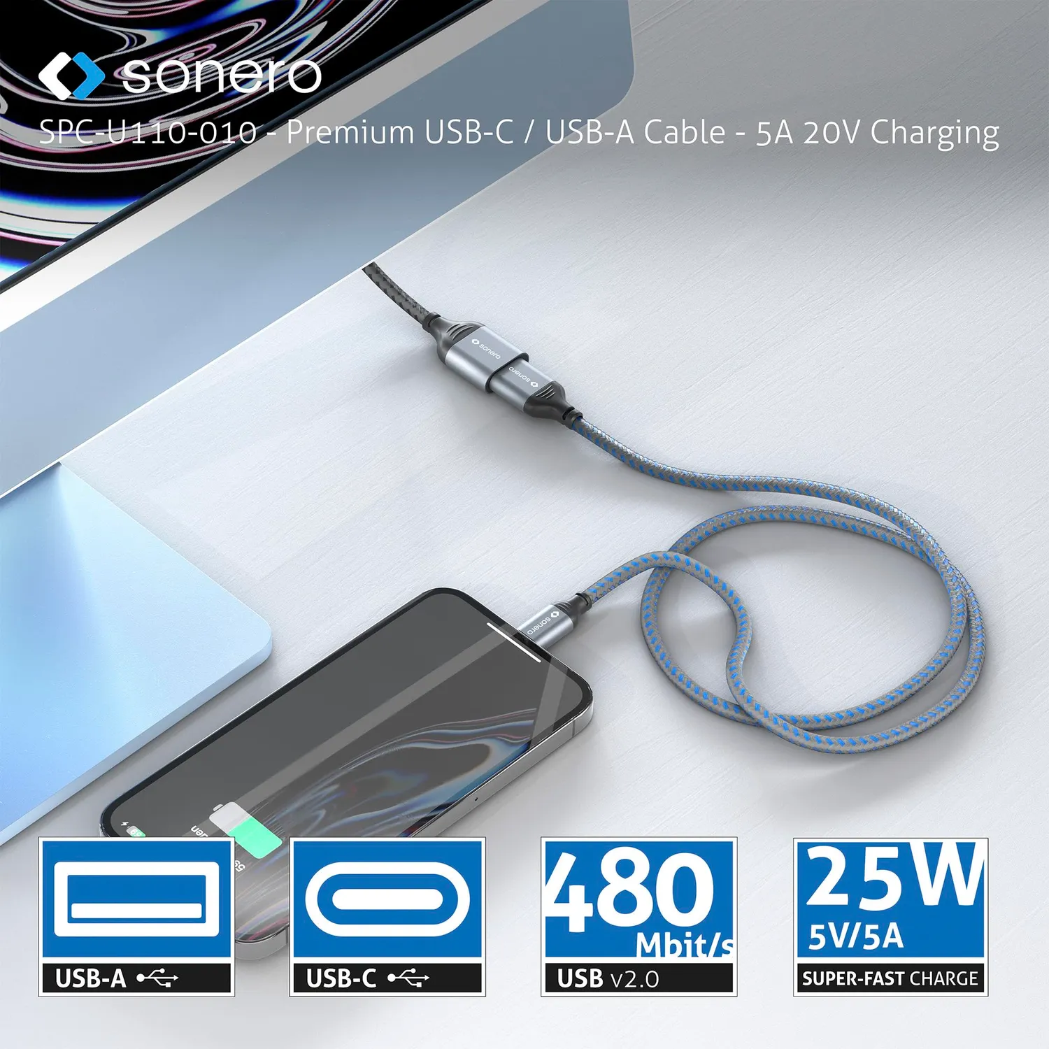 Sonero USB-C auf USB-A Ladekabel grau/blau 0,25 m 5A