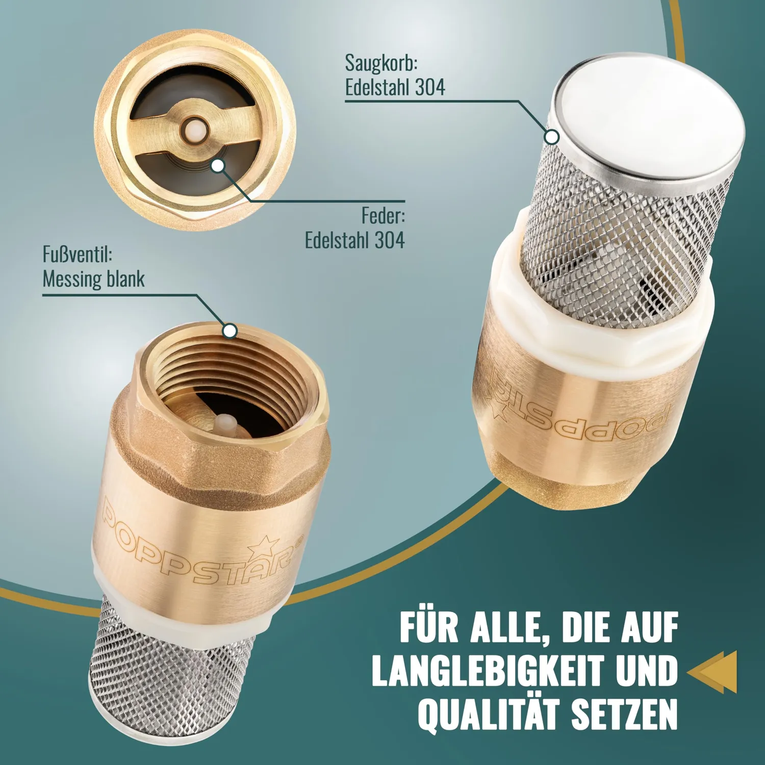 Poppstar Fußventil 1 Zoll Messing Saugkorb Edelstahl