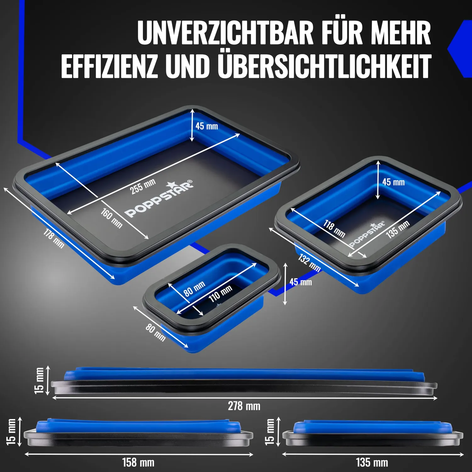 Poppstar Werkzeugschalen faltbar magnetisch blau 3er Set