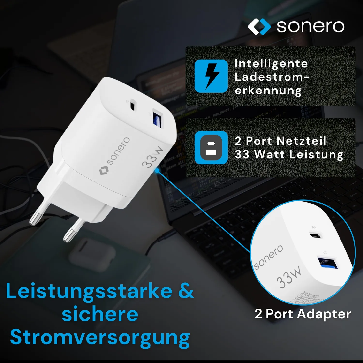 Sonero 33 Watt USB-C Ladegerät 2-Port weiß GaN PD QC