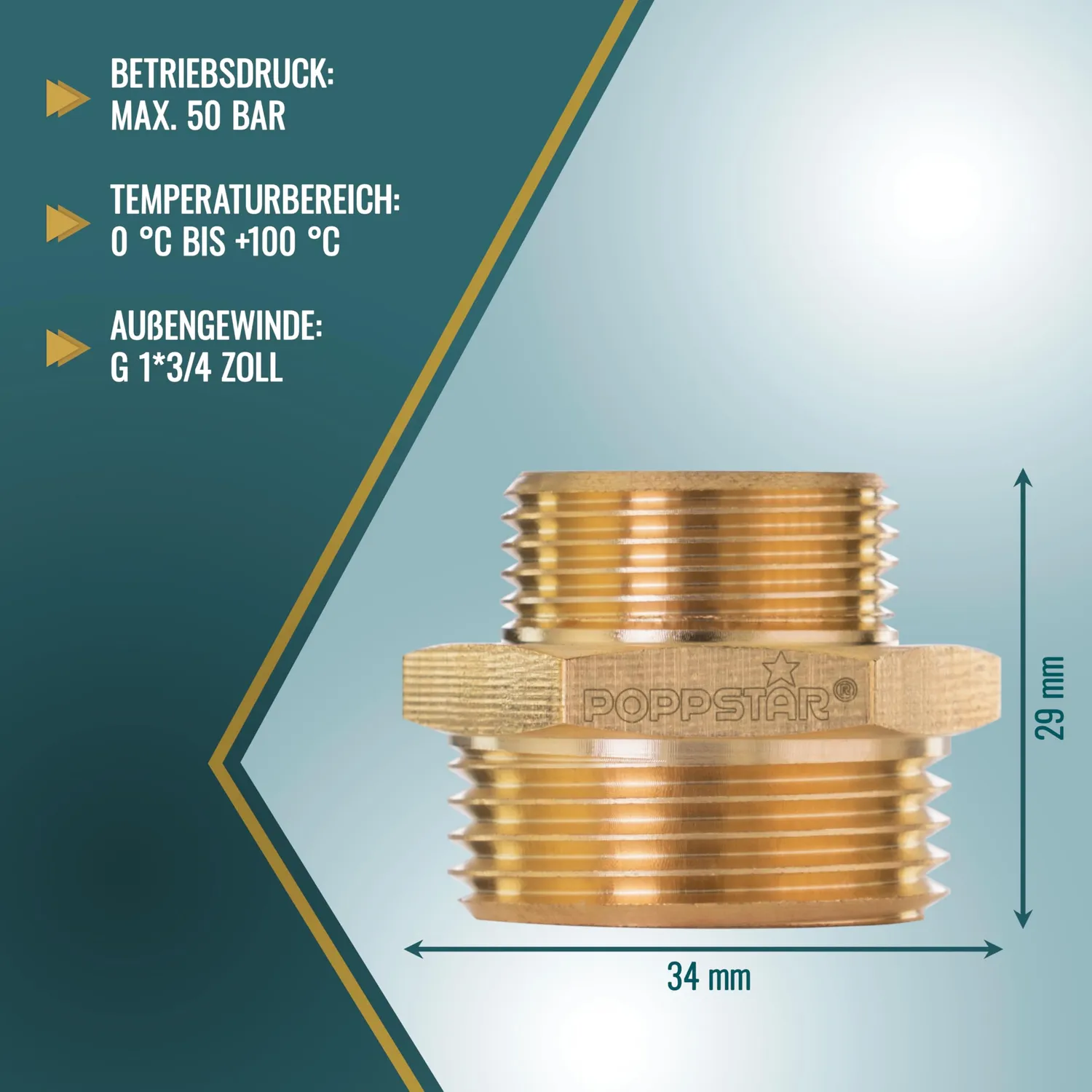 Poppstar Messing Reduziernippel 1 auf 3/4 Zoll AG