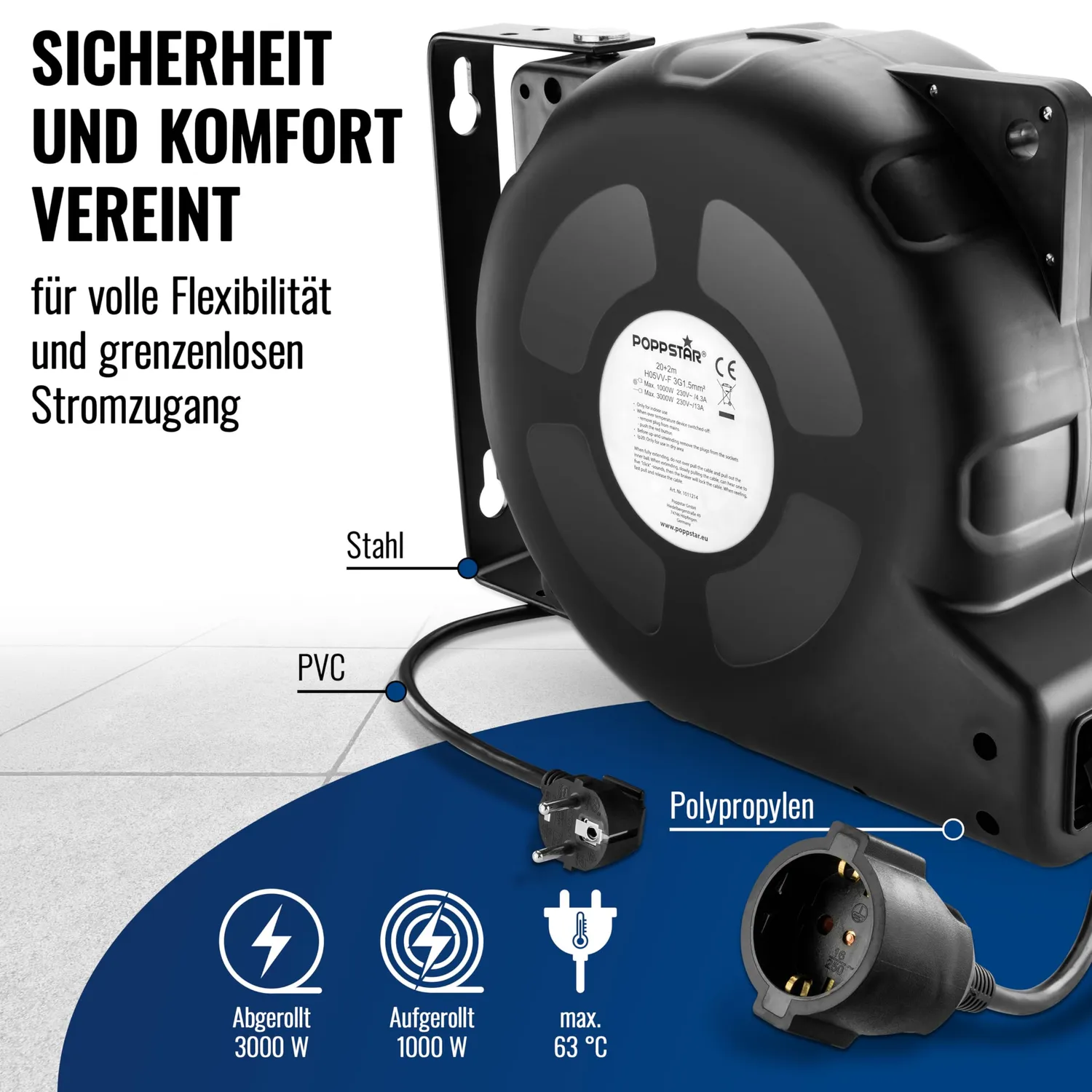 Poppstar Kabelaufroller 20m Kabeltrommel 3000W IP20 22m