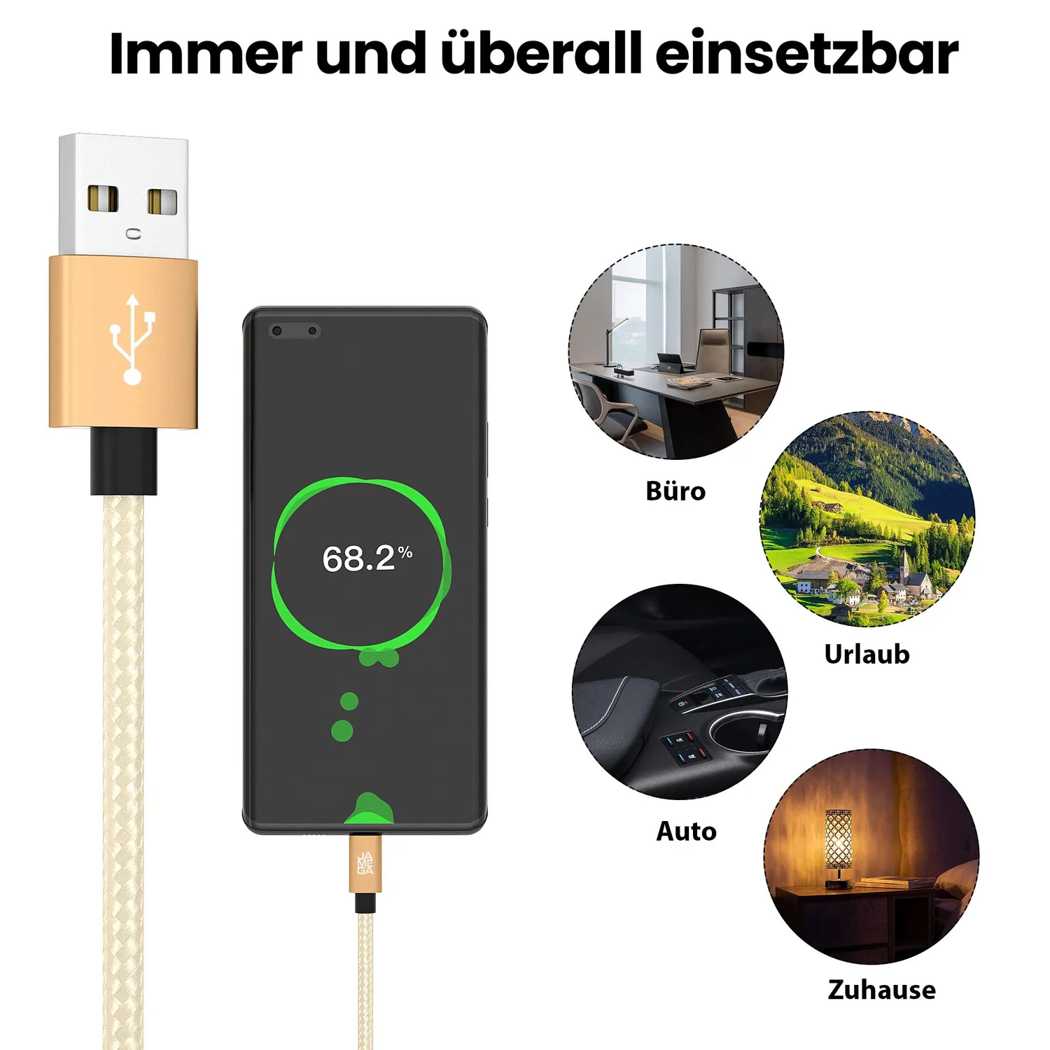 JAMEGA Micro USB Ladekabel 1m Gold Nylon 2,4A