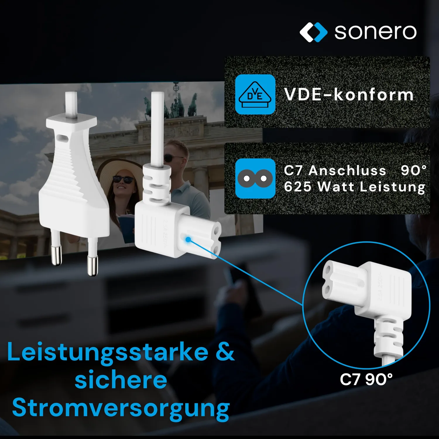 Sonero Stromkabel Eurostecker auf C7 1,5m weiß 90° Winkel