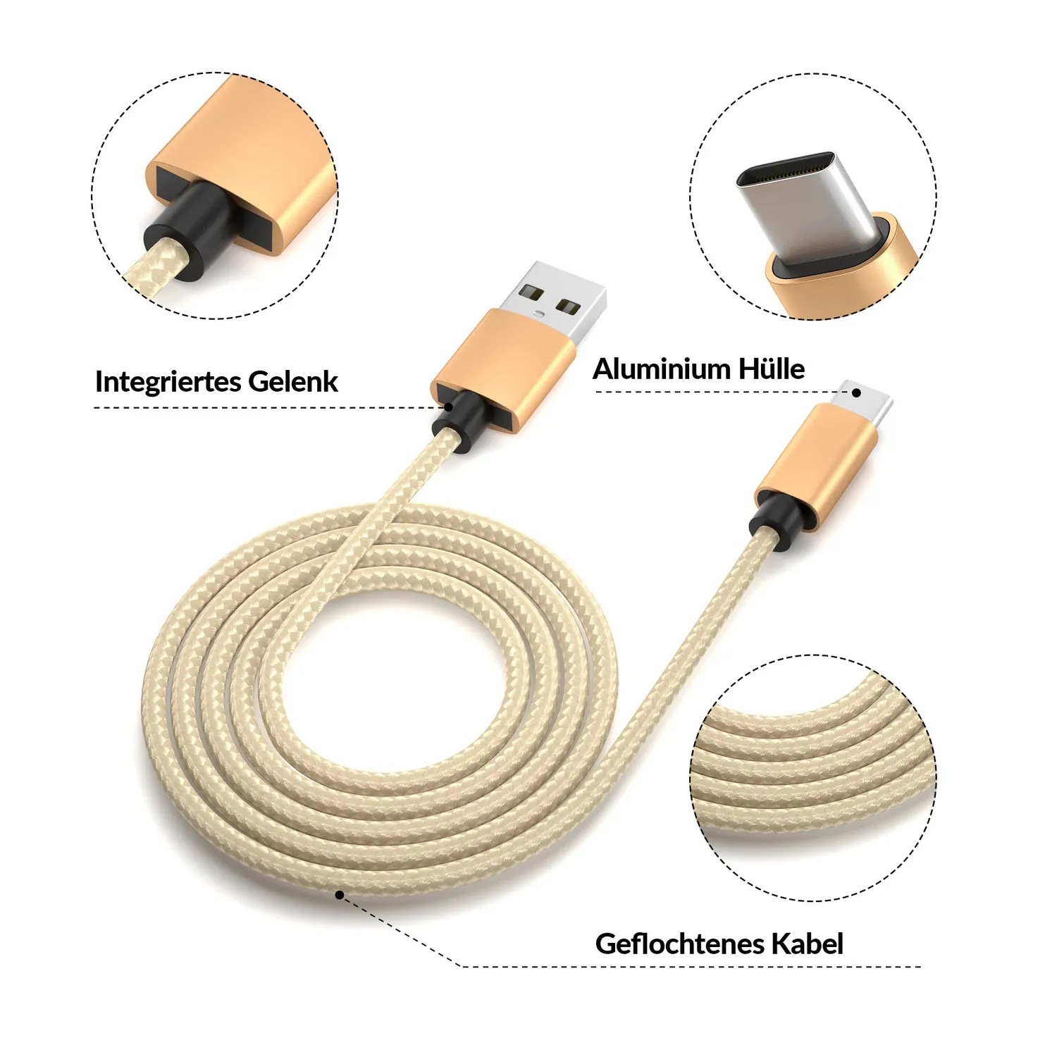 JAMEGA USB-C Ladekabel 0,5m Gold Nylon 3A Fast Charge