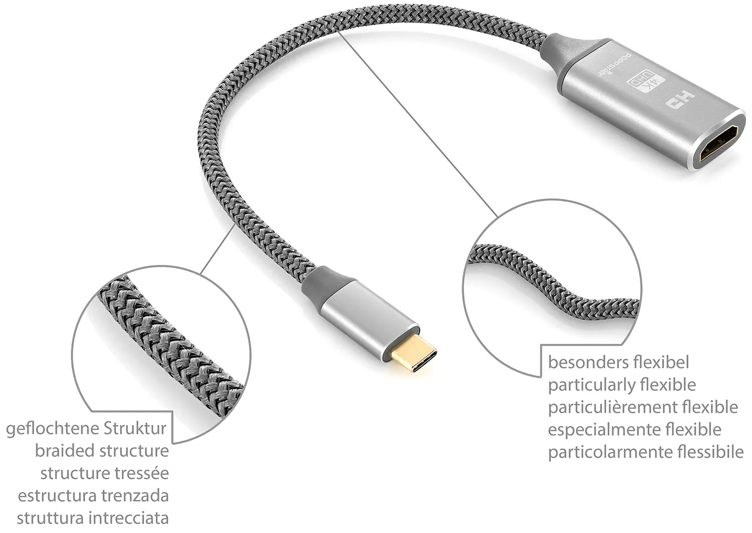 Poppstar USB-C auf HDMI 2.0 Adapterkabel 20 cm grau
