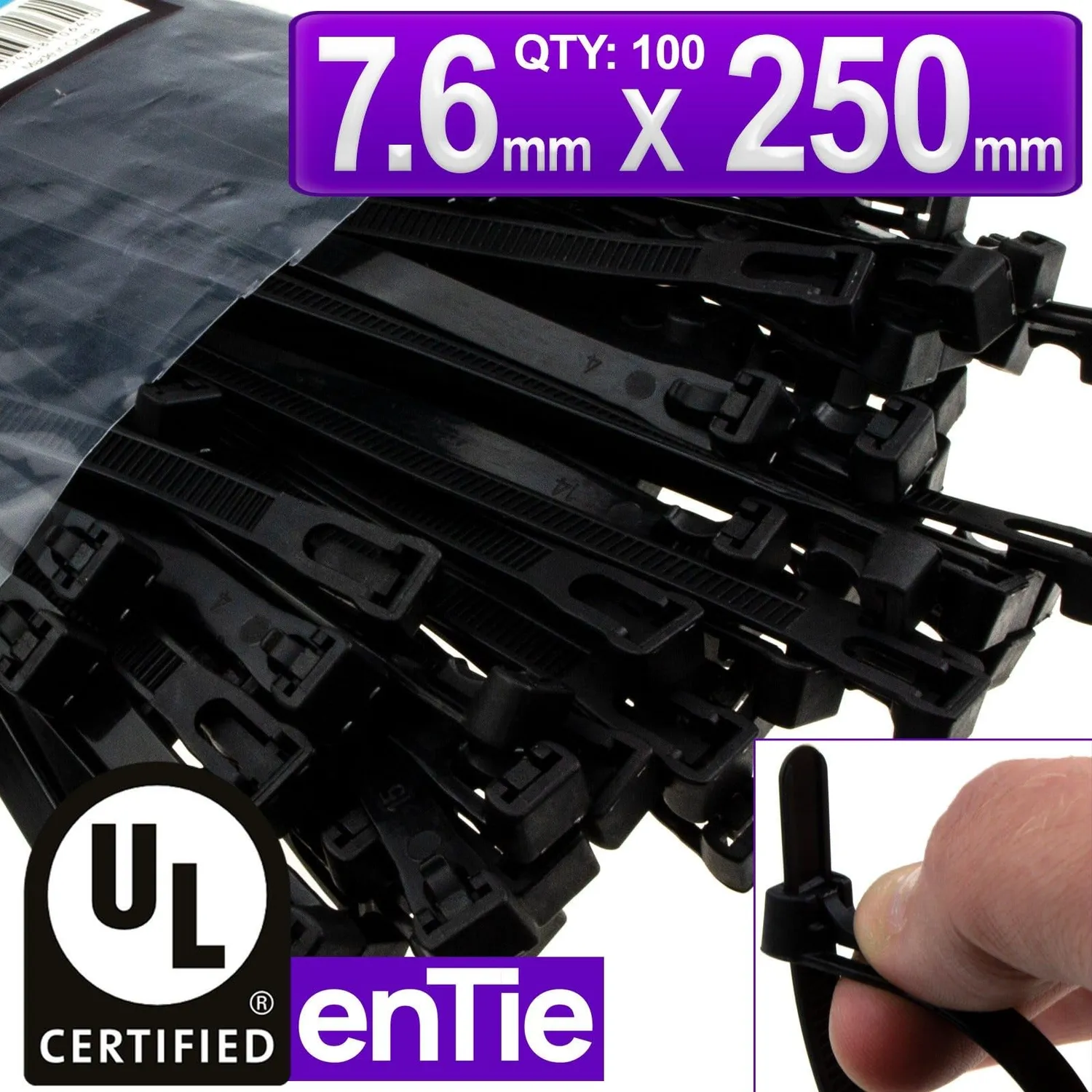 enTie Kabelbinder 250mm 7,6mm Schwarz 100 Stück