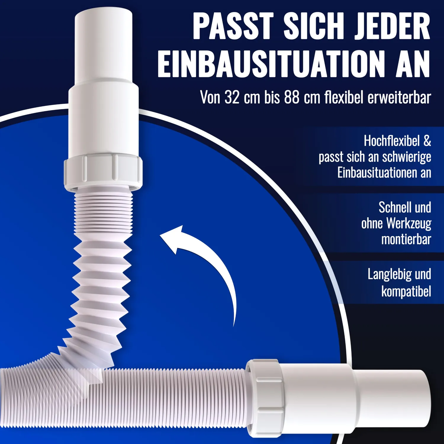 Poppstar Siphon flexibel U-Form 1 Geräteanschluss weiß
