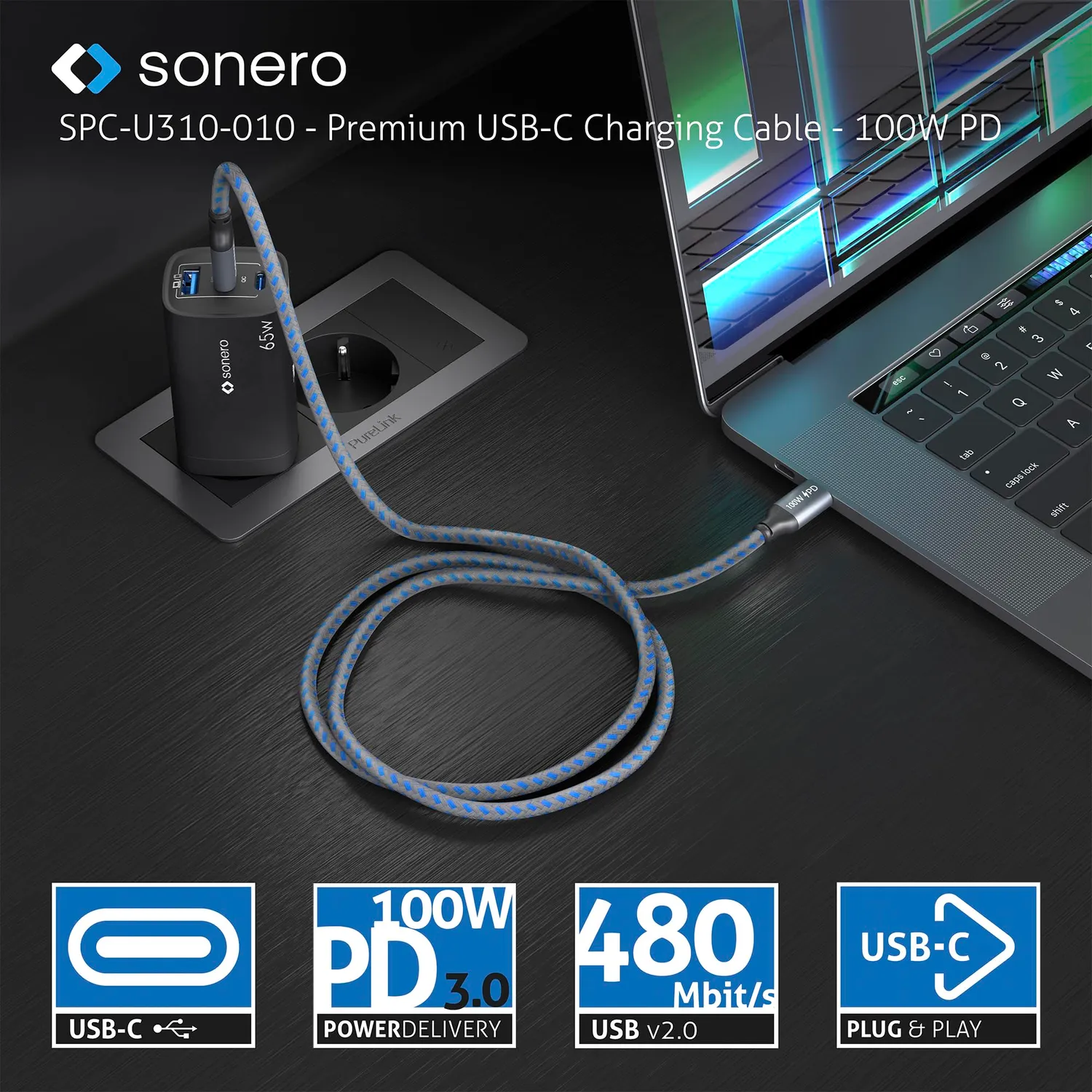 Sonero SPC-U310-015 USB-C Kabel 1,5m grau/blau 100W